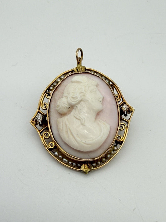 Vintage 10K Yellow Gold Large Shell Cameo Brooch Pin Pendant
