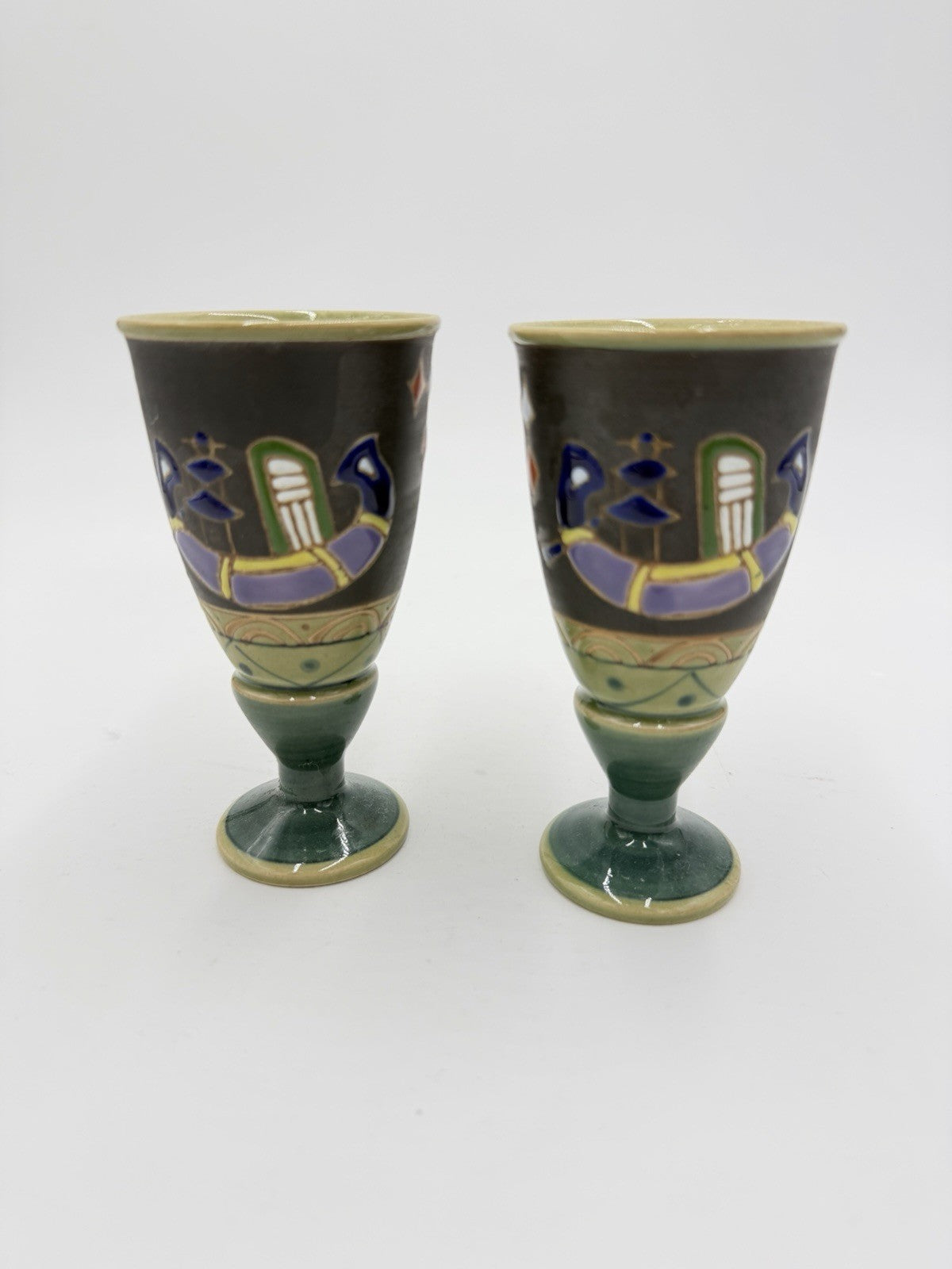 VTG Arita Cups Horse Signed Incised & Enameled Pottery Wine Goblet 4 1/2" Japan