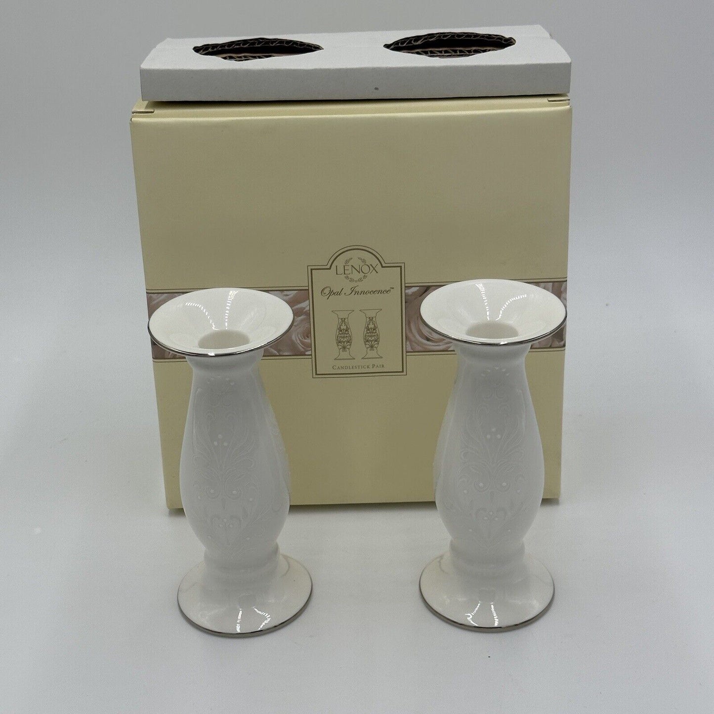 Lenox Candlesticks Set Table Decor Home Dining Porcelain White Opal Innocence