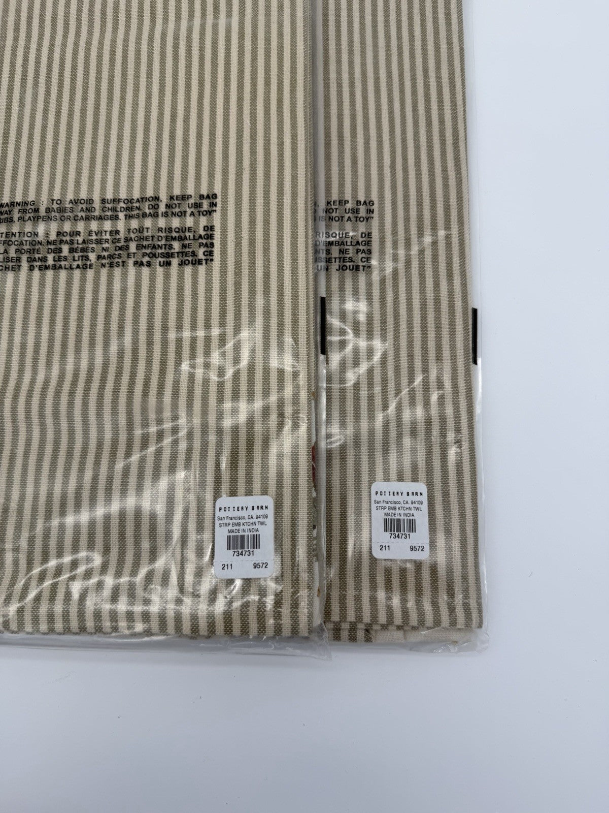 Pottery barn stripe embroidered floral kitchen towel Cotton Beige Flowers Set 2