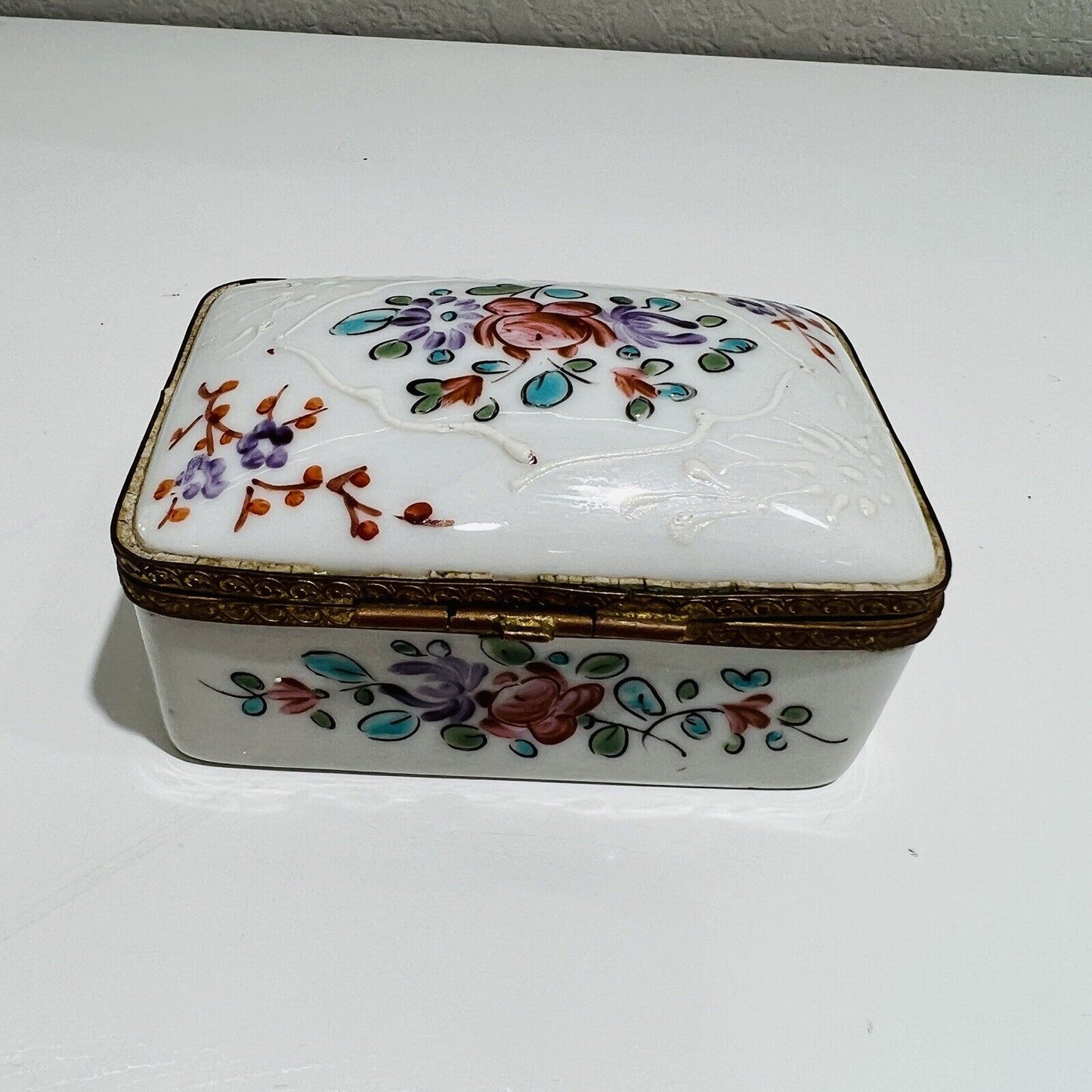 French Trinket Box Porcelain Floral Decoration Made In France with Lid Antique