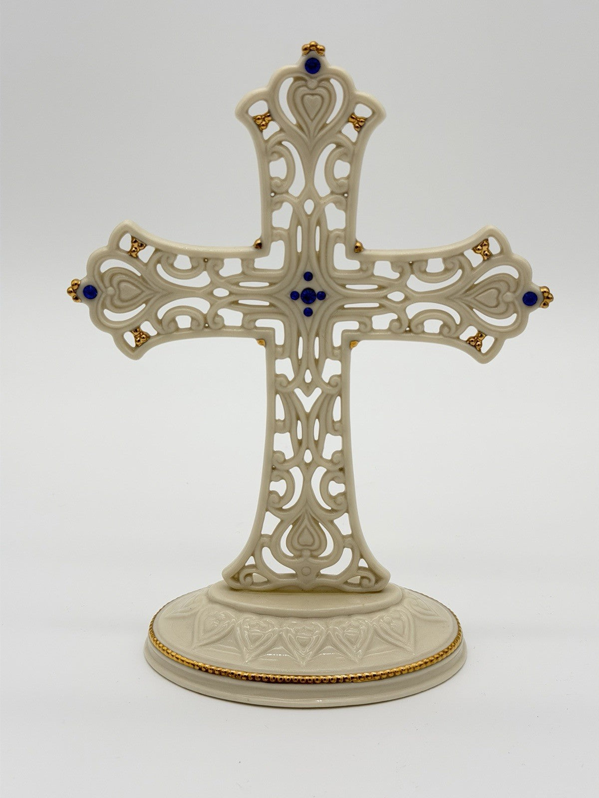 Lenox Porcelain USA Hearts Of Devotion 2002 Blue Rhinestone 8” Cross Figurine