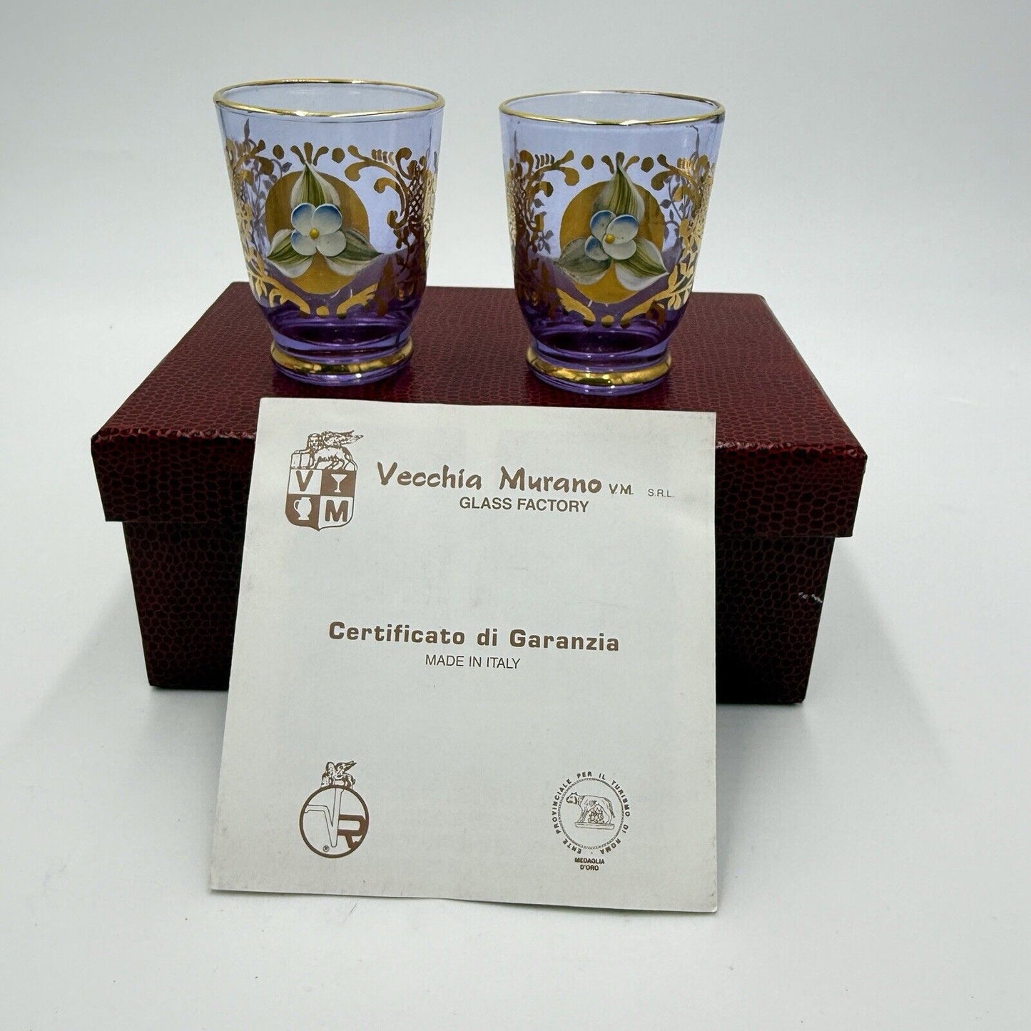 Murano Art Glass Vecchia Italy Lavender Shots Pair Glasses Set 2 Box /COA Vintag