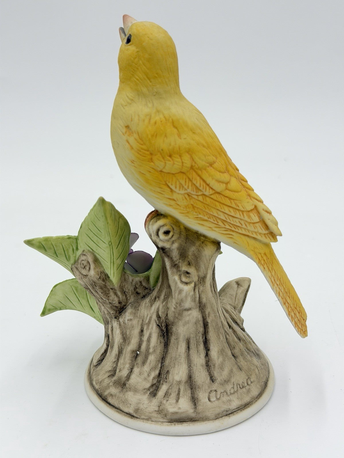 Vtg Andrea by Sadek Yellow Canary with Purple Flower # 8627 Ceramic Signed 6”H