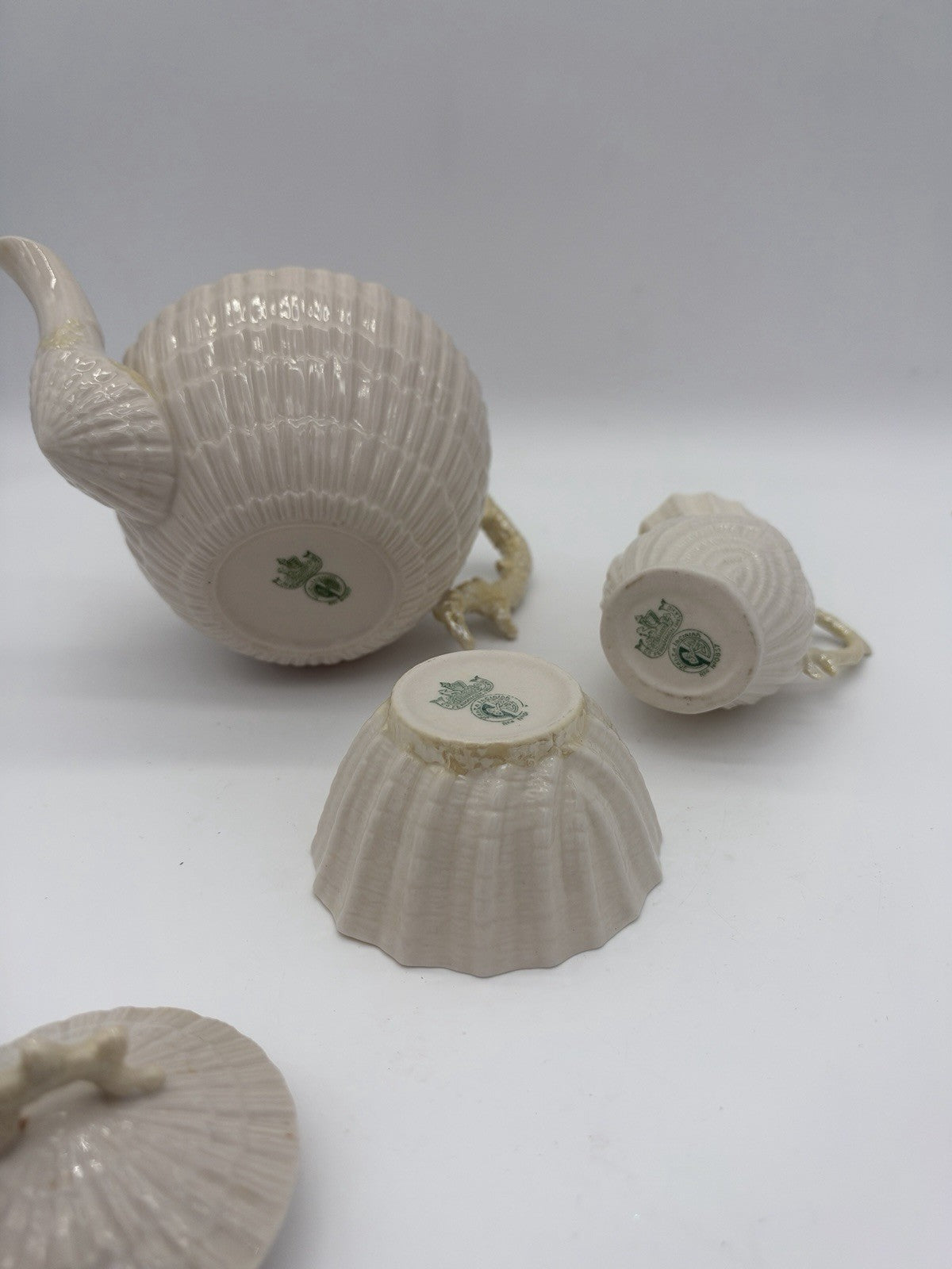 Belleek Ireland Limpet Shell Pattern Teapot Creamer &sugar Bowl 2nd Green Mark