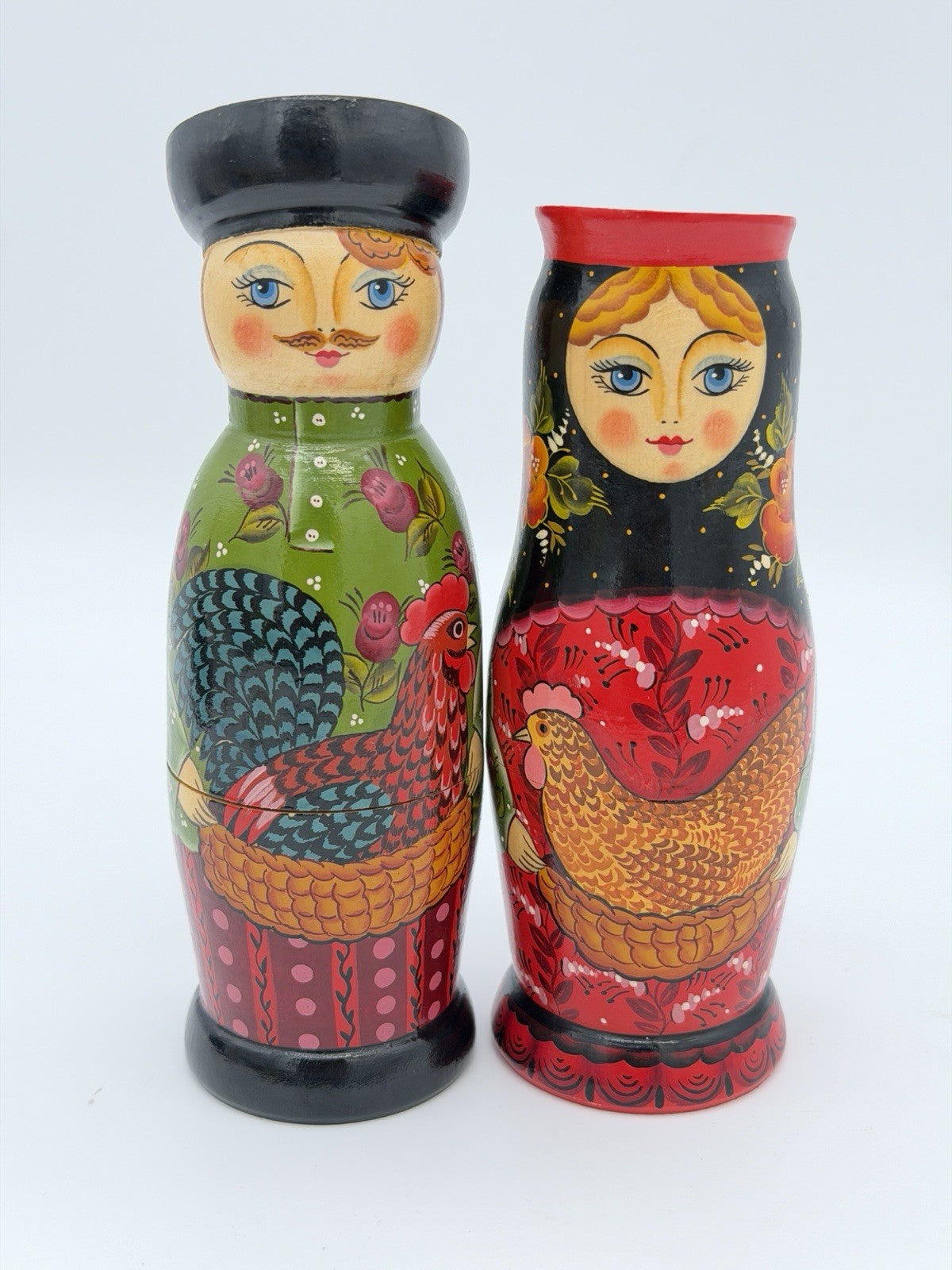 Vintage Folk Art Wood Carved Painted matryoshka Dolls Rooster /hen Signed 6.5”