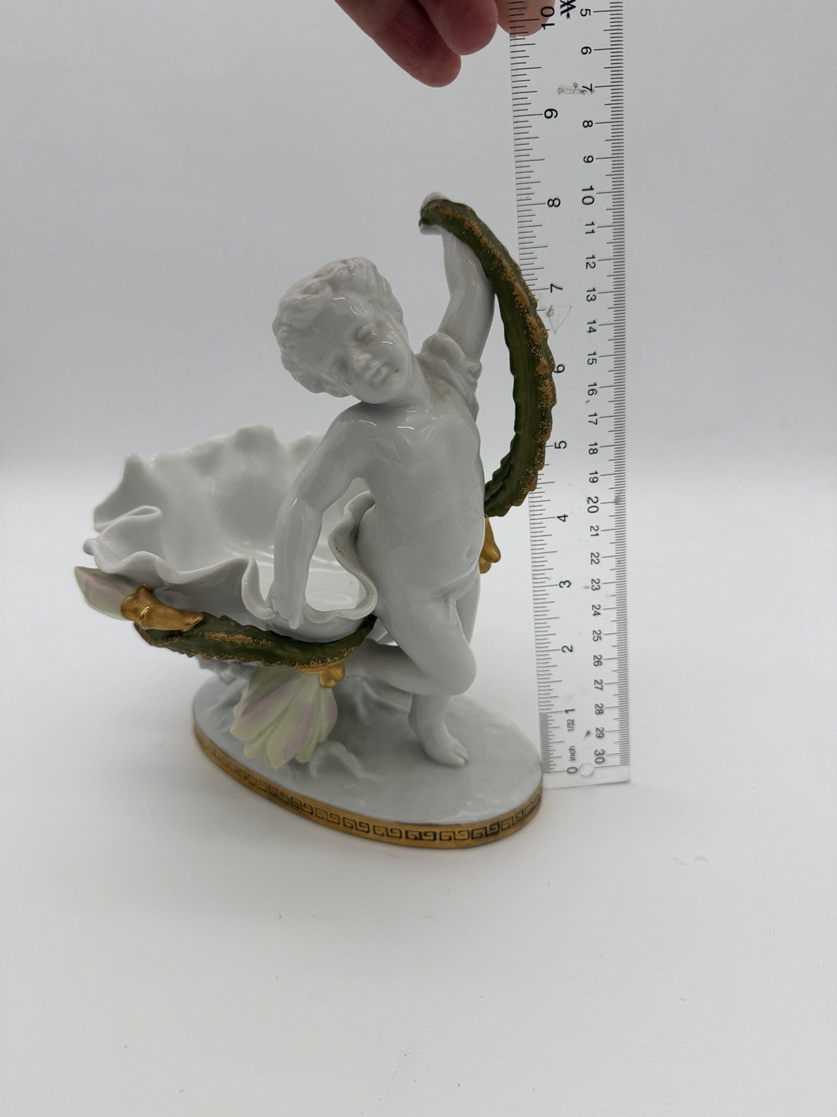 Antique Moore Bros White/Gold Trim Orchid Porcelain Putti Cherub Bowl Sculpture