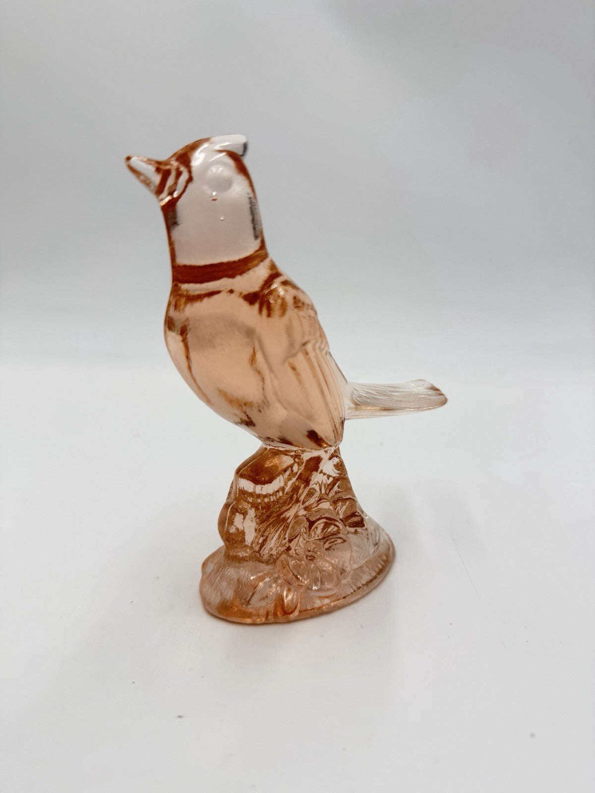 Vintage Mosser Art Glass Peach Frosted Cardinal Bird Figurine 5”H X5”L