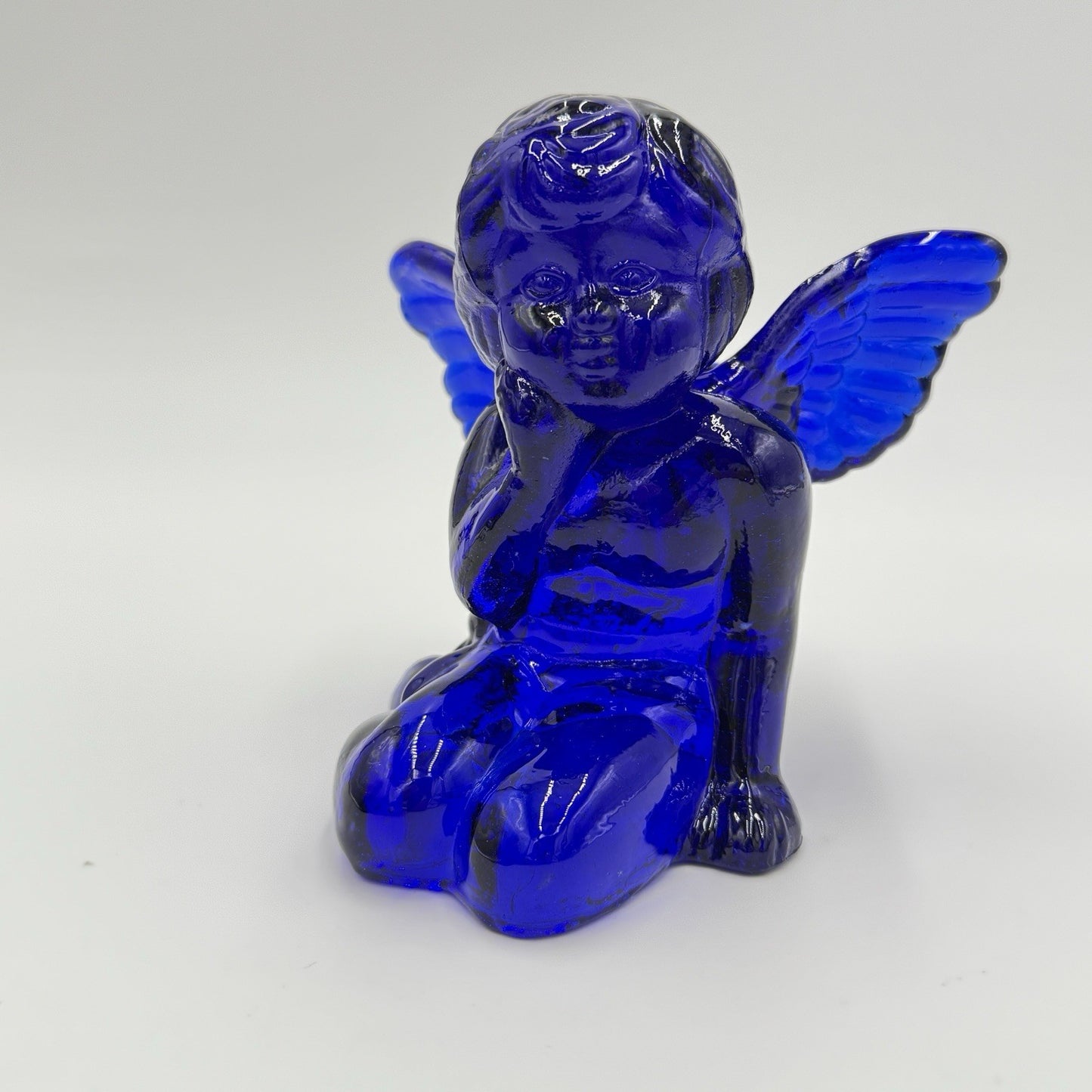 Vintage Art Glass Cherub Blue Cobalt Sitting Angel Candle Holder 5”