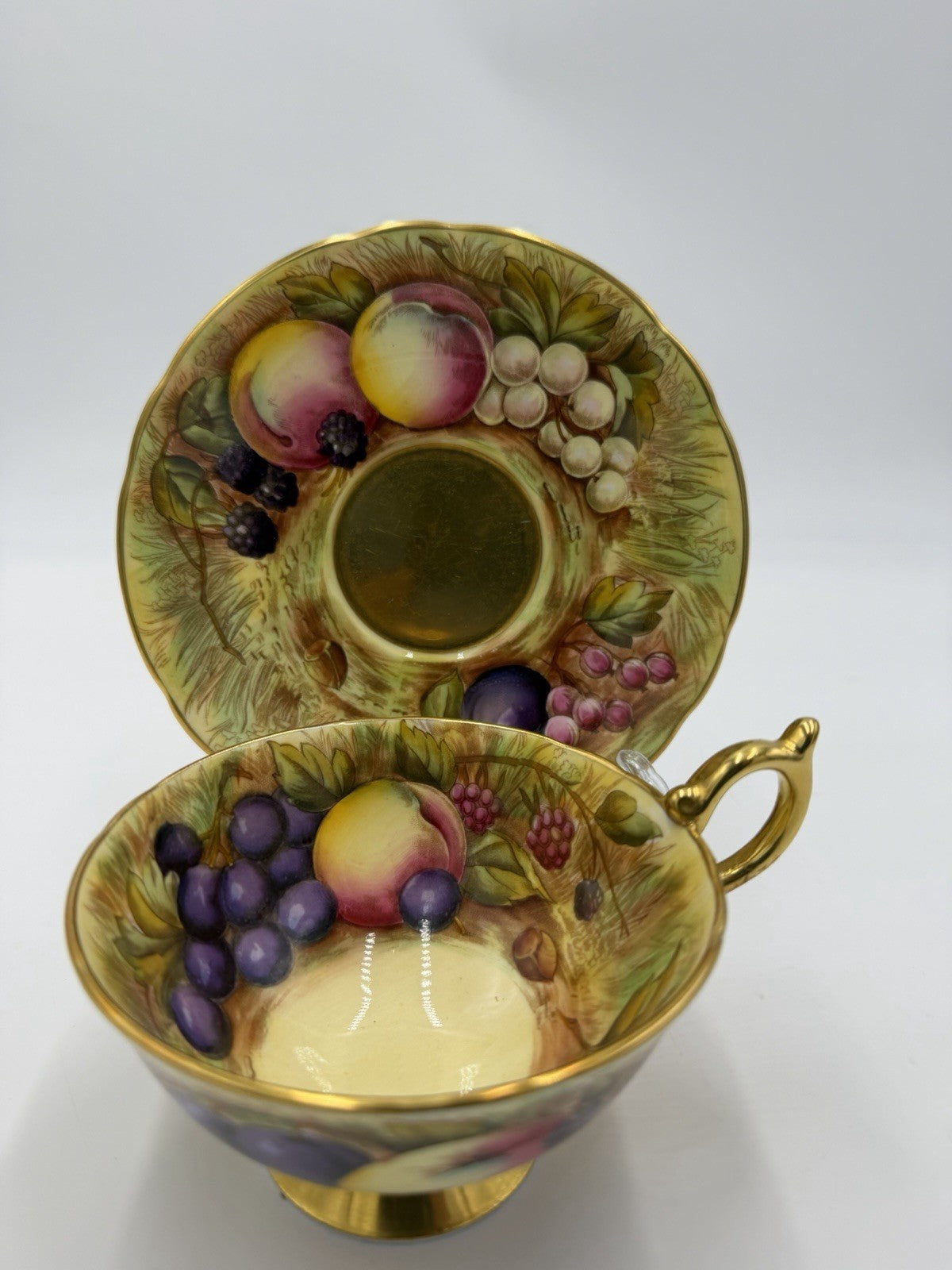 Aynsley England Porcelain Orchard Fruit Gold Teacup & Saucer Vintage Set Gold