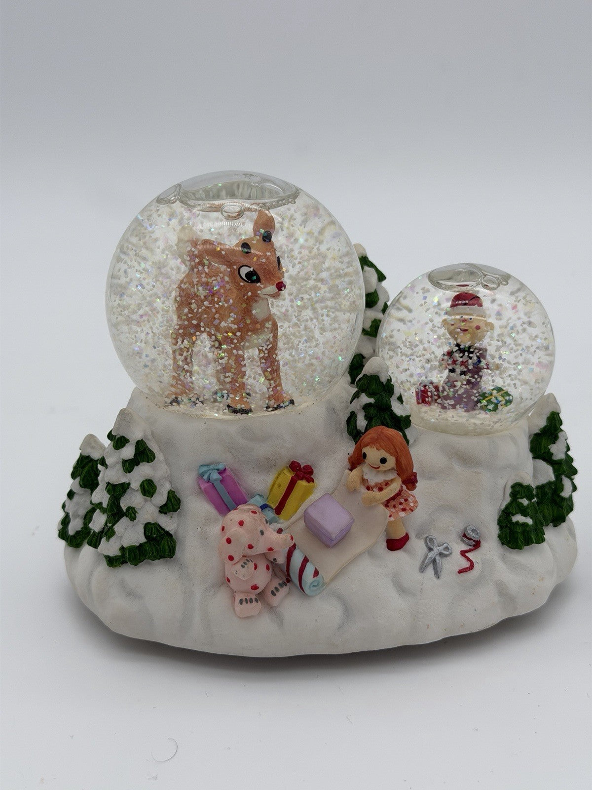 Rare Rudolph Red Nosed Reindeer & Charlie In the Box Musical Double Snowglobe