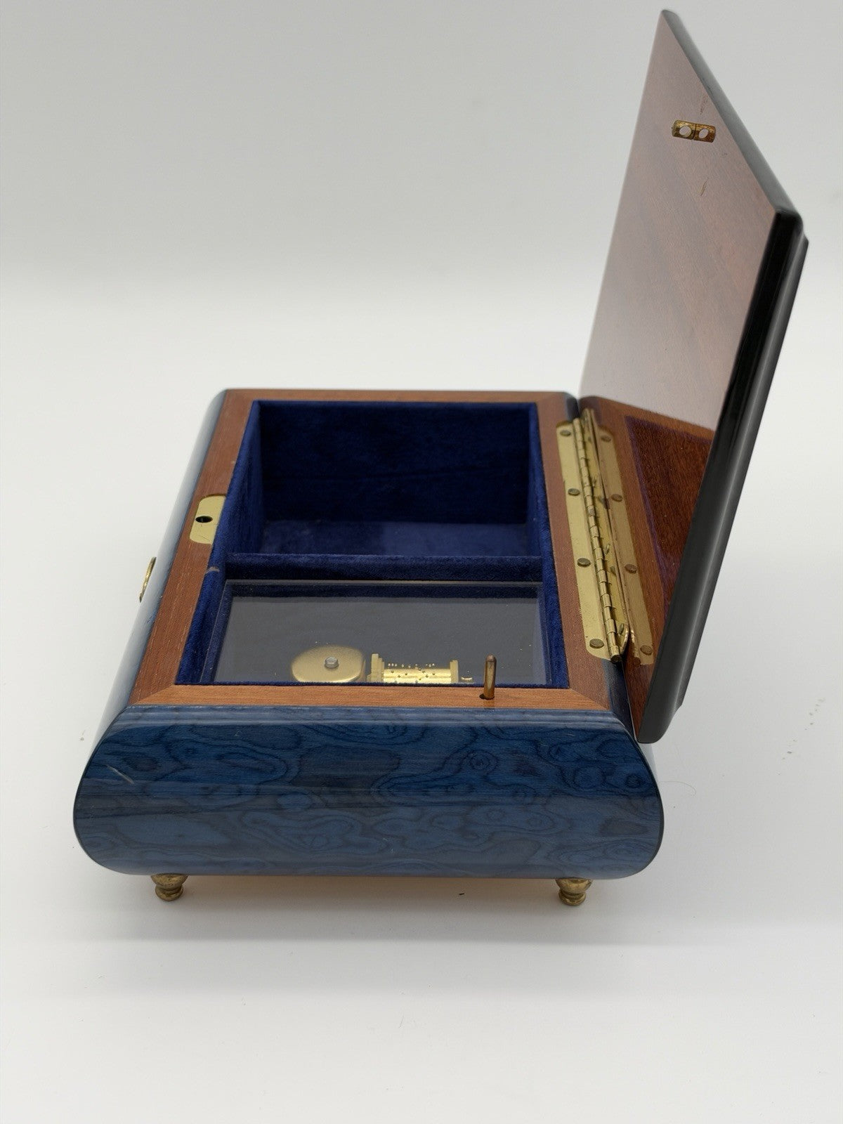 Sorrento Italy Blue Floral Inlay Wooden Music Box Plays Memorie Cats Works