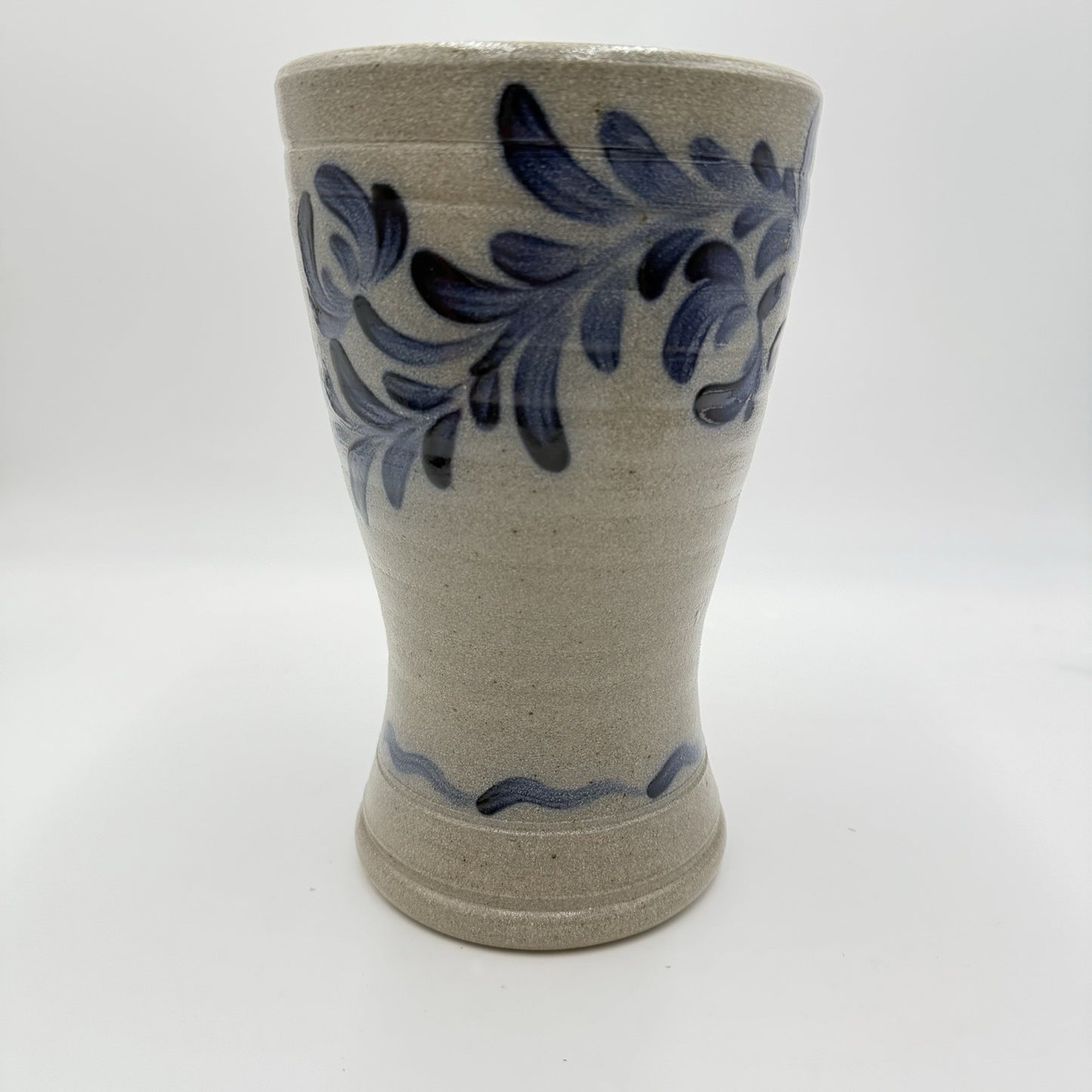 1995 Rowe Pottery Works Stoneware Blue Leaves  Design Salt Glaze Flower Vase 9”