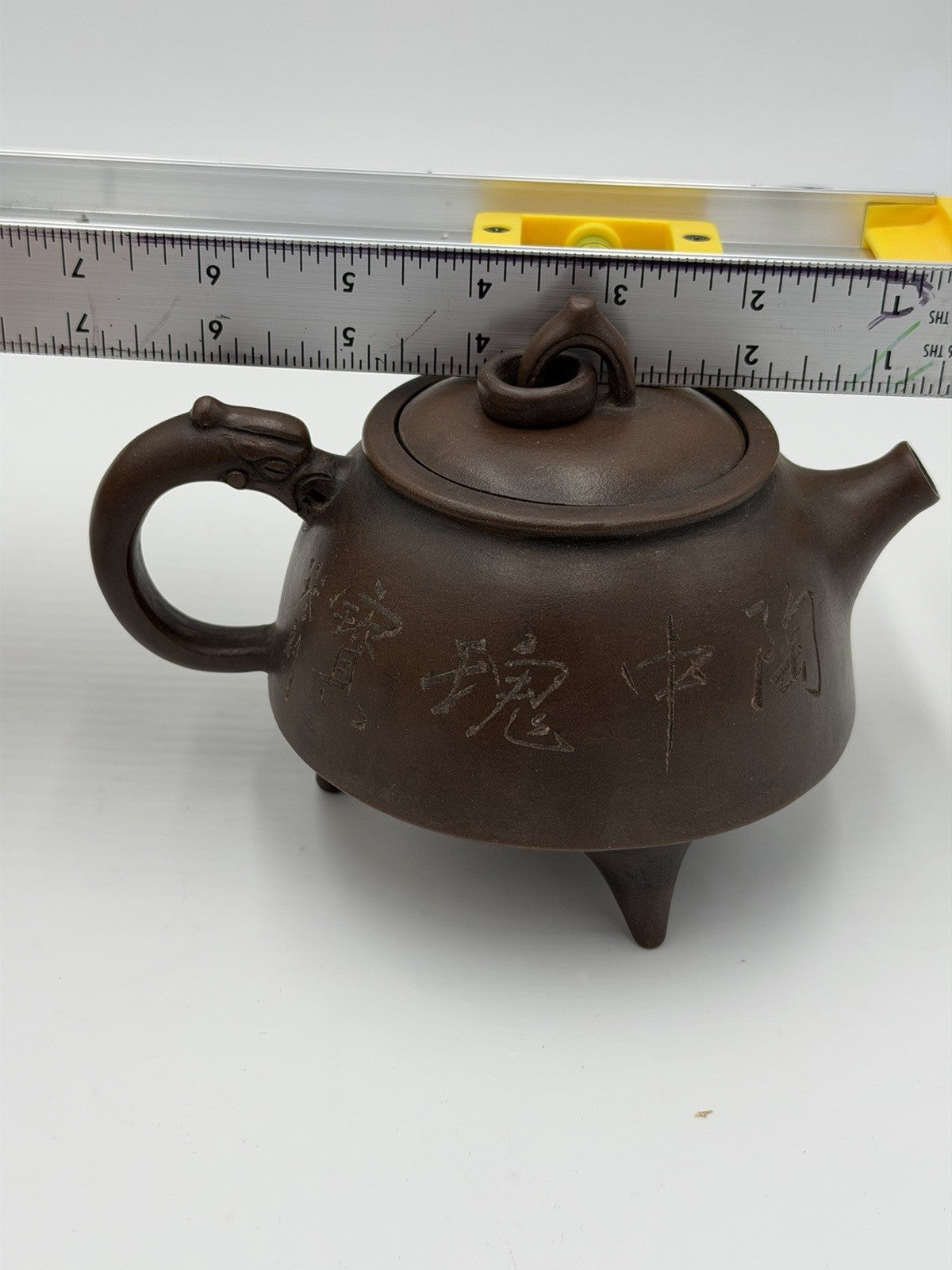 Chinese Yixing Zisha Art Pottery Clay Teapot  Bamboo Sage Engraving Footed
