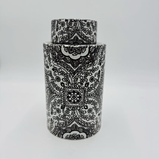 Pottery Barn Ceramic Brown White Floral Paisley Decor Canister Ginger Jar 9in