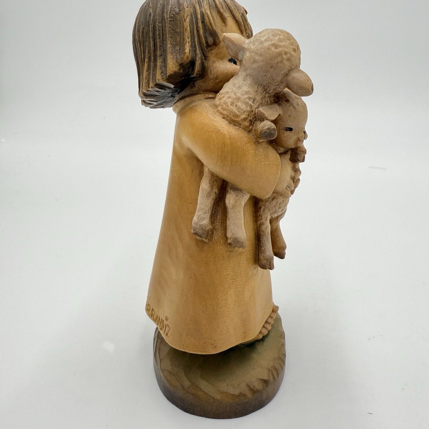 Vtg ANRI FERRANDIZ 5” Wood Carved Figurine Spring Arrivals Girl W/lambs Italy