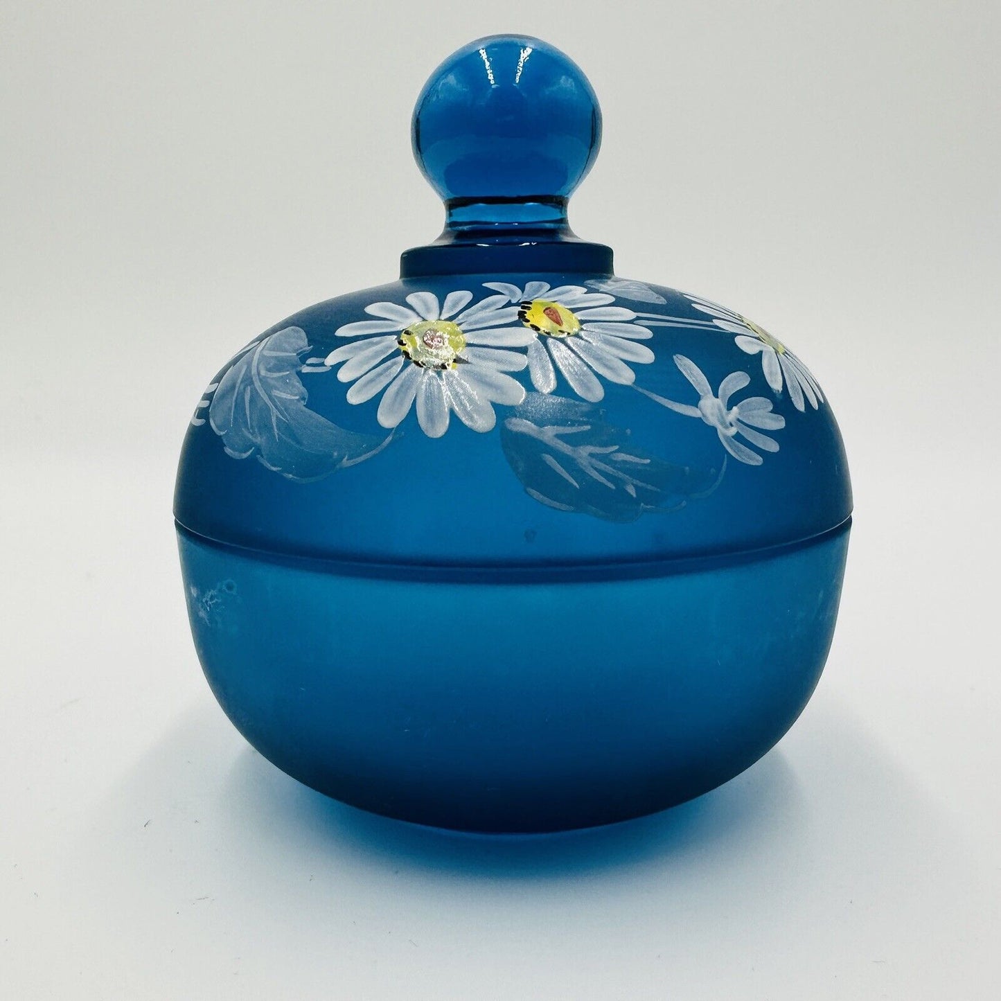 Westmoreland Vanity Dish Blue Satin Glass Lidded Trinket Hand Painted Daisies