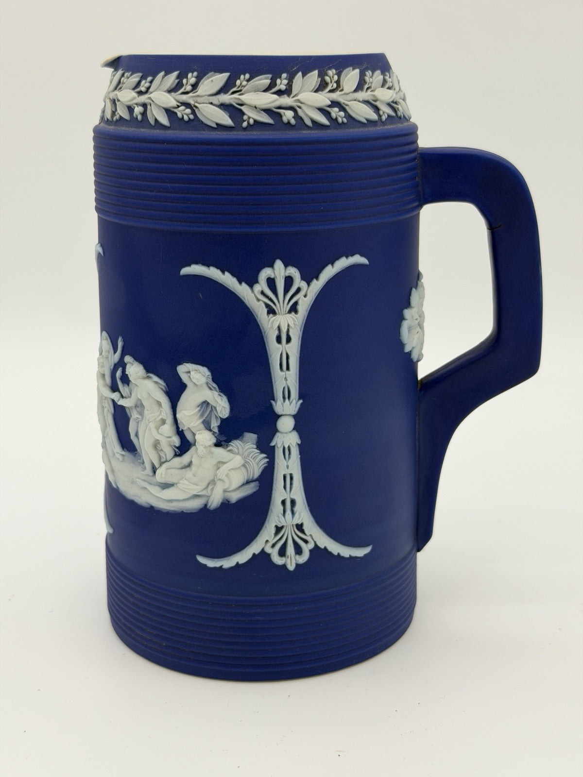 Antique Wedgwood Jasperware Dipped Blue Pitcher 7.5” Trojan Jug England Large