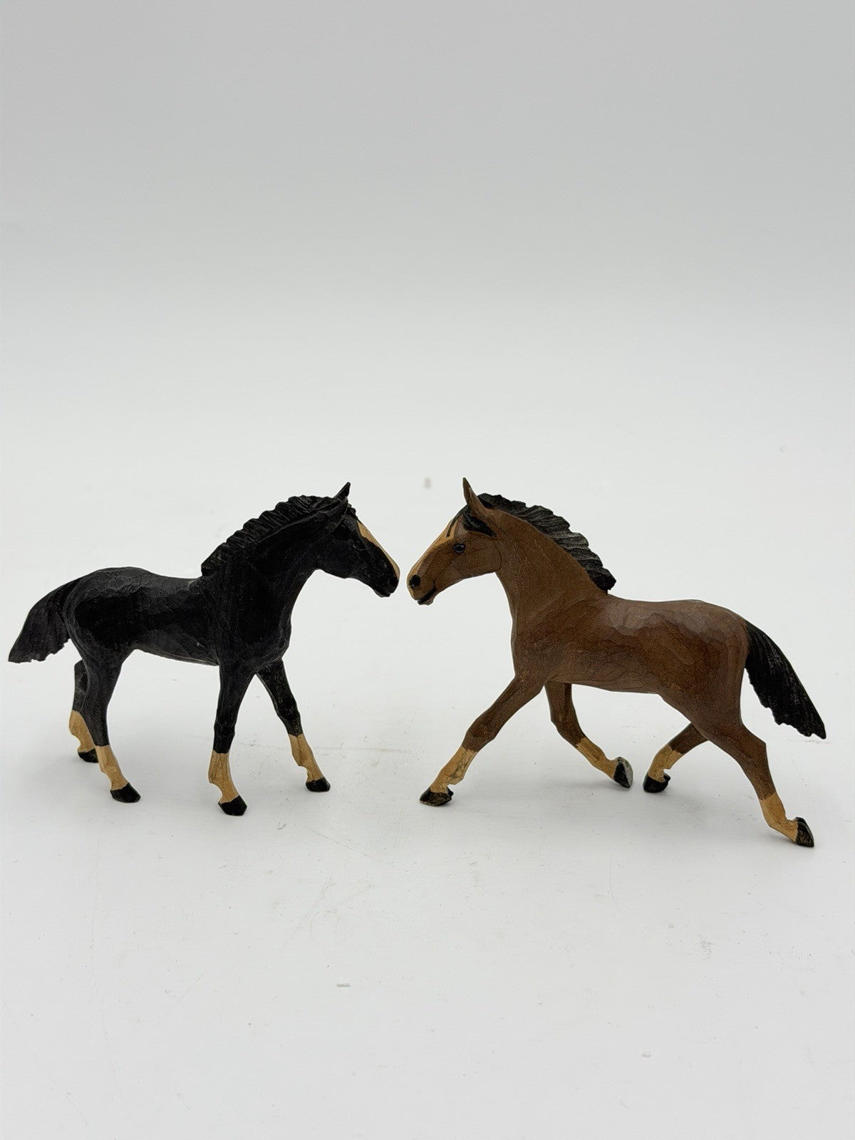 Vintage Swiss Folk Art Wooden Carved Horses Foals Figurines 3”H