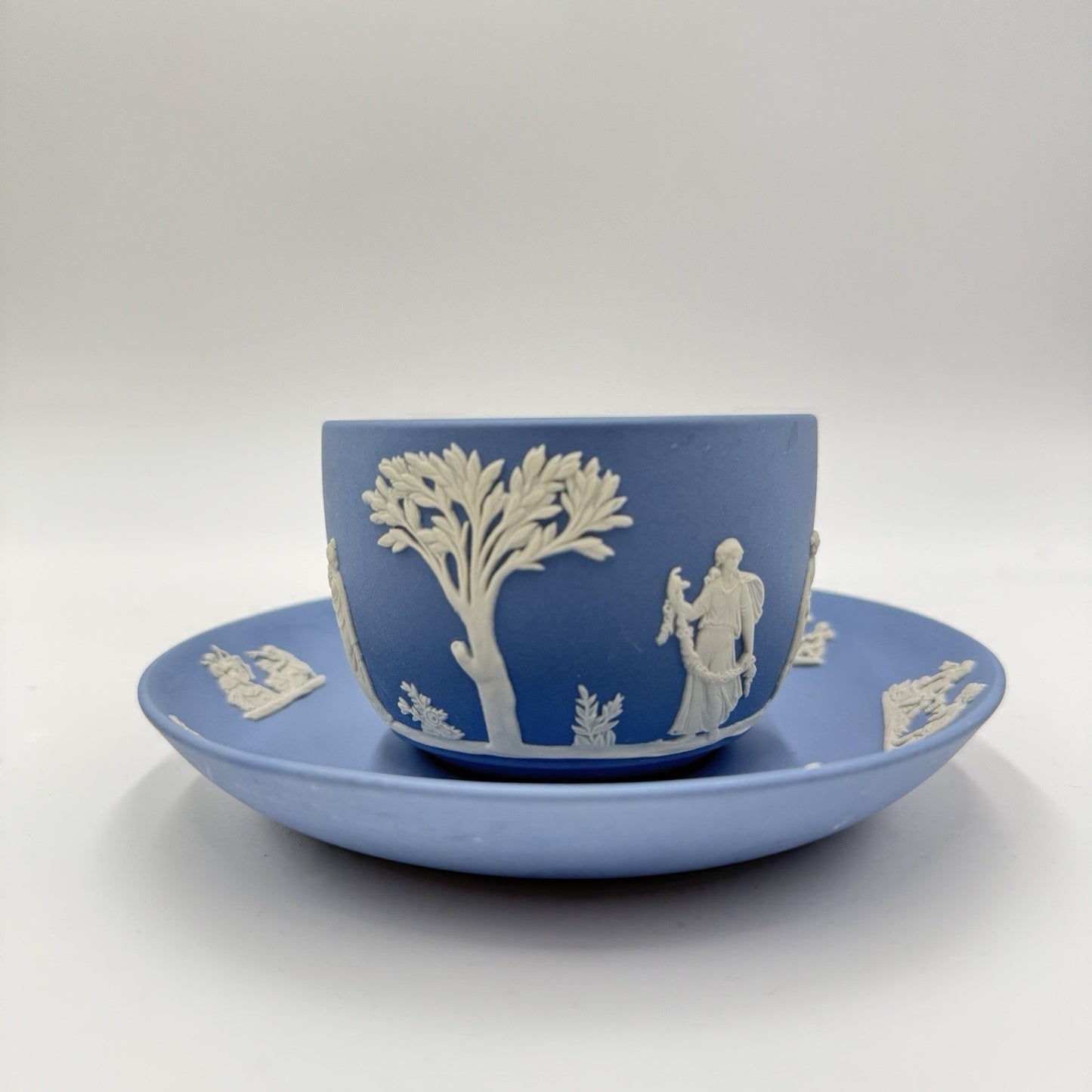 Wedgwood England Blue Jasper Ware Teacup & Saucer Greek Scene Cherub