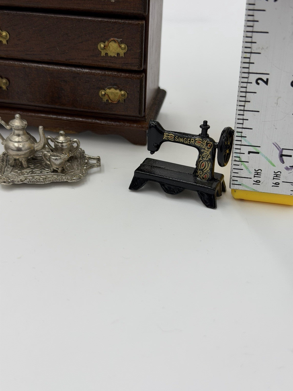 Vintage Dollhouse Furniture Miniature Lot Drawer Bible Clock Tea Set Table