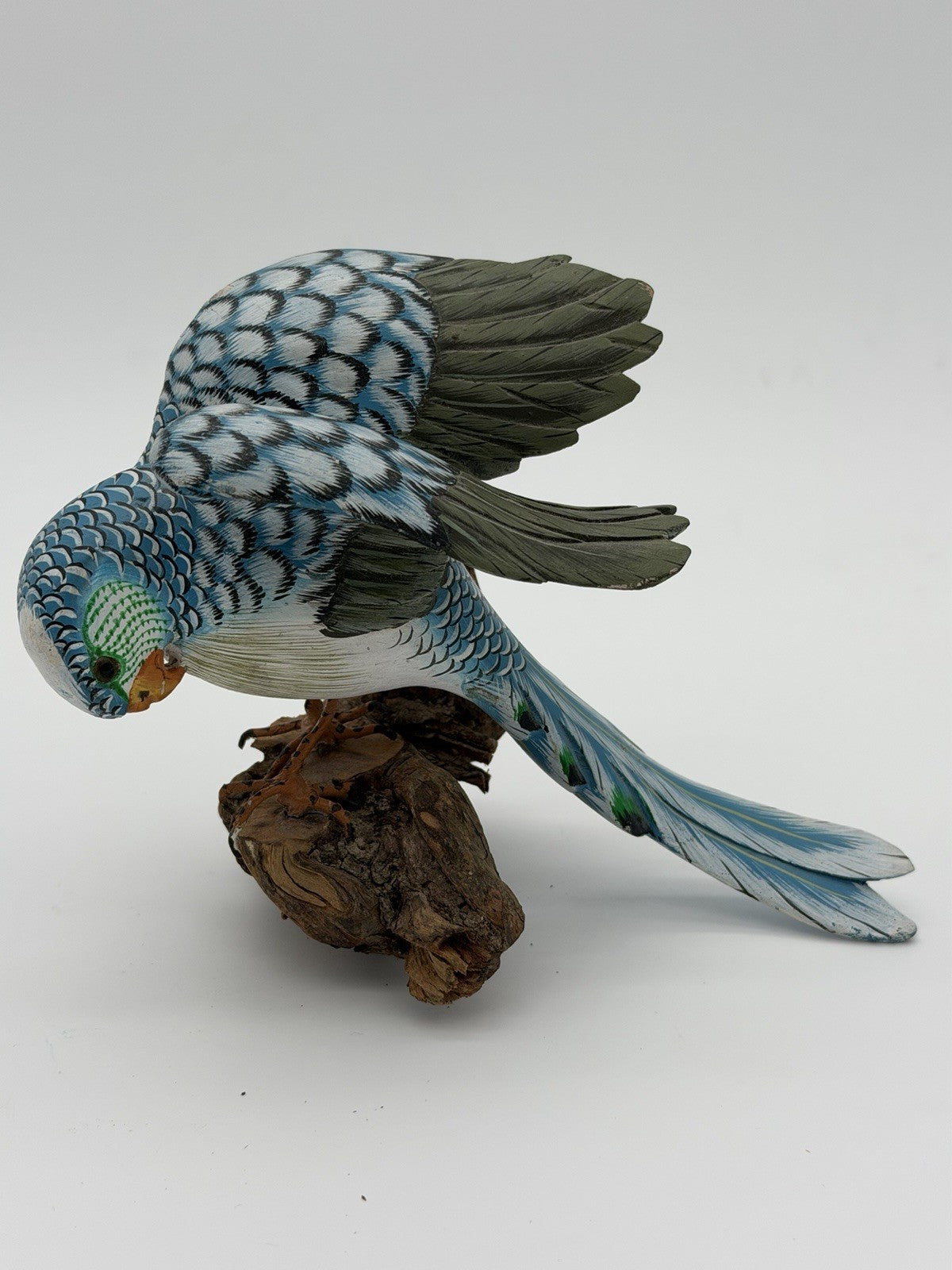 Folk Art Wood Carved Painted Parakeet Wall Hanging Figurine