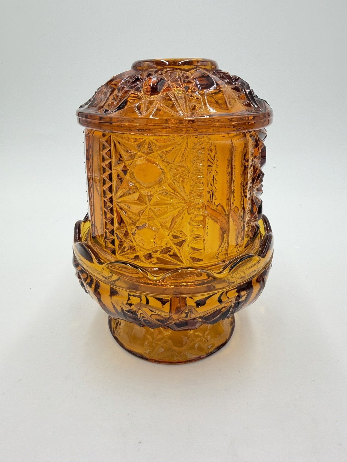 Vintage Indiana Art Glass Amber Stars & Bars Fairy Lamp Candle Holder Votive 7”