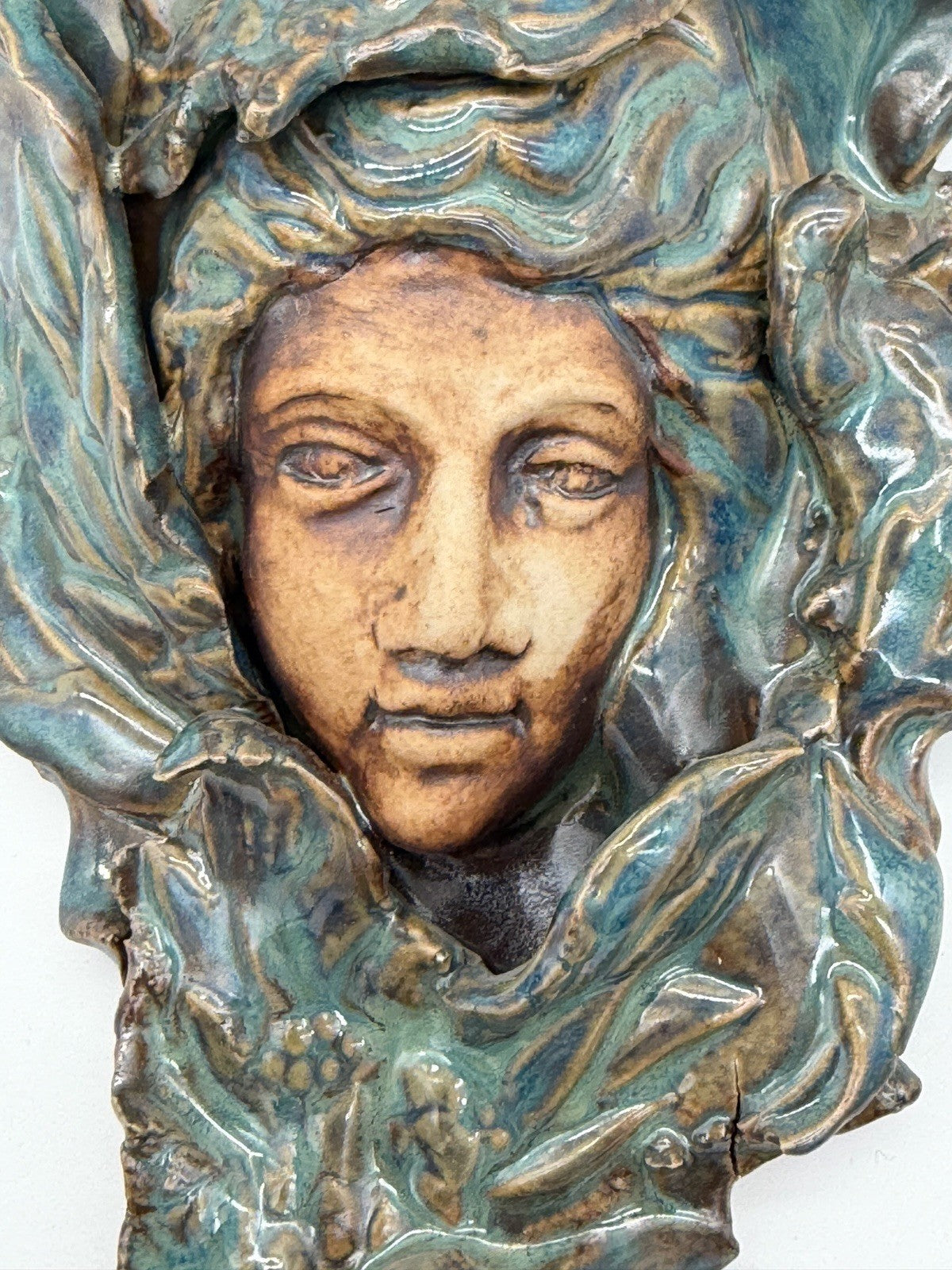 Art Nouveau Studio Art Pottery wall pocket sculpture Teal Blue Glossy 7.5”x4”