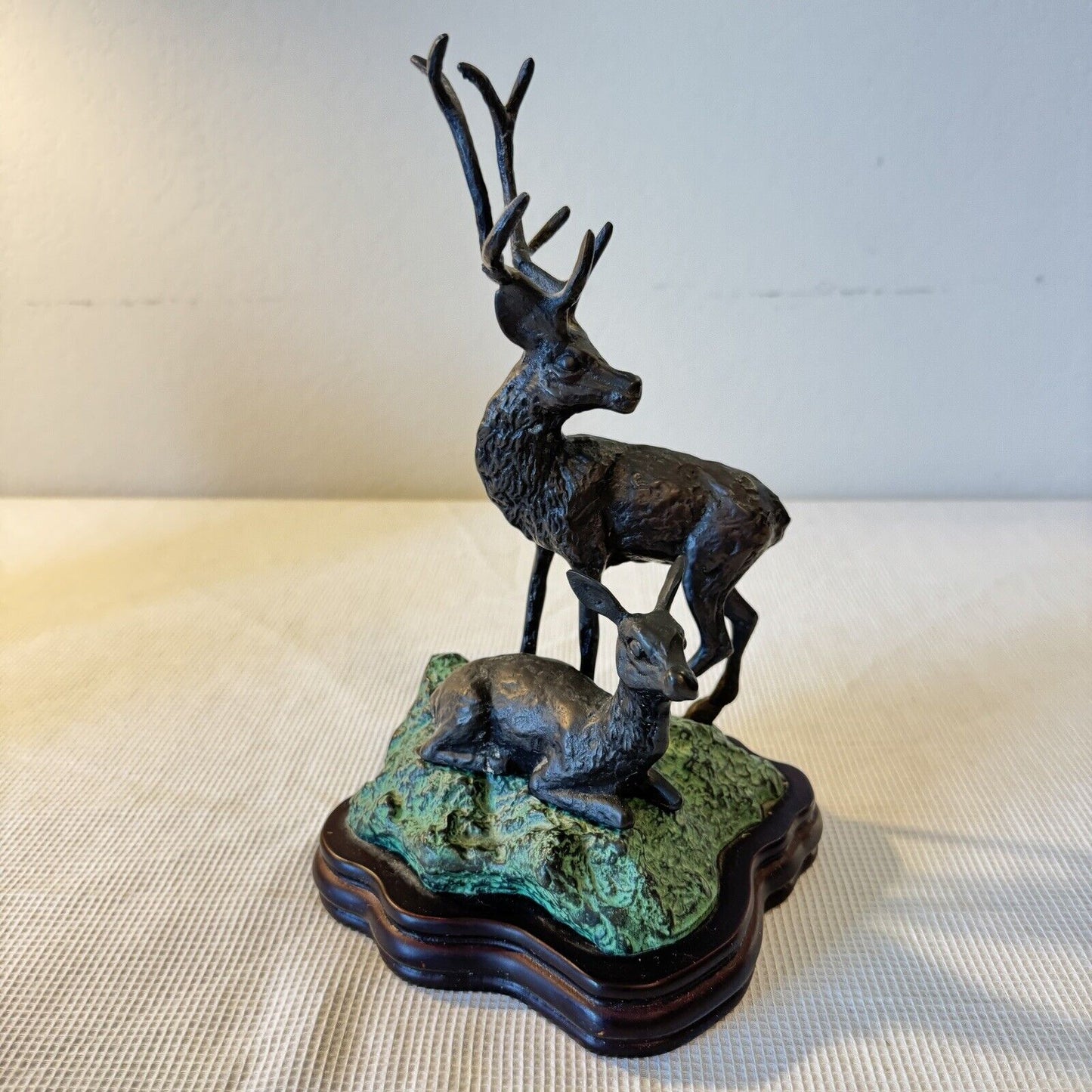 Bronze Sculpture Deer Stag Buck with Doe on Wood Base 10in Tall Natural Pose