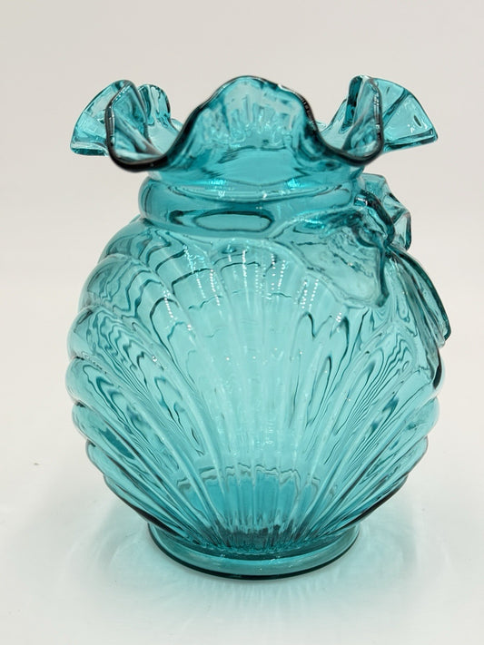 Vtg Fenton Art Glass Turquoise Teal Caprice Swirl w Bow Ruffled Edge Vase 6.5”