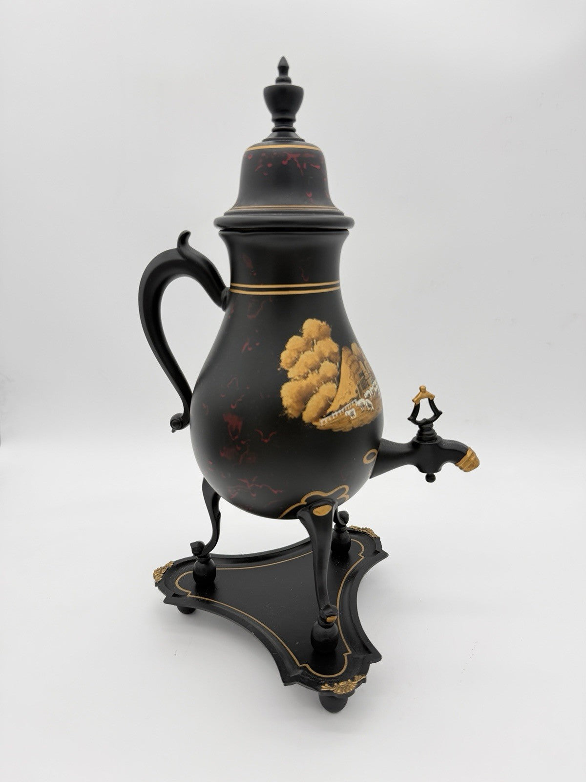vintage C. Kurz & Co Tiel Dutch black & gold Hand painted pewter samovar W/base