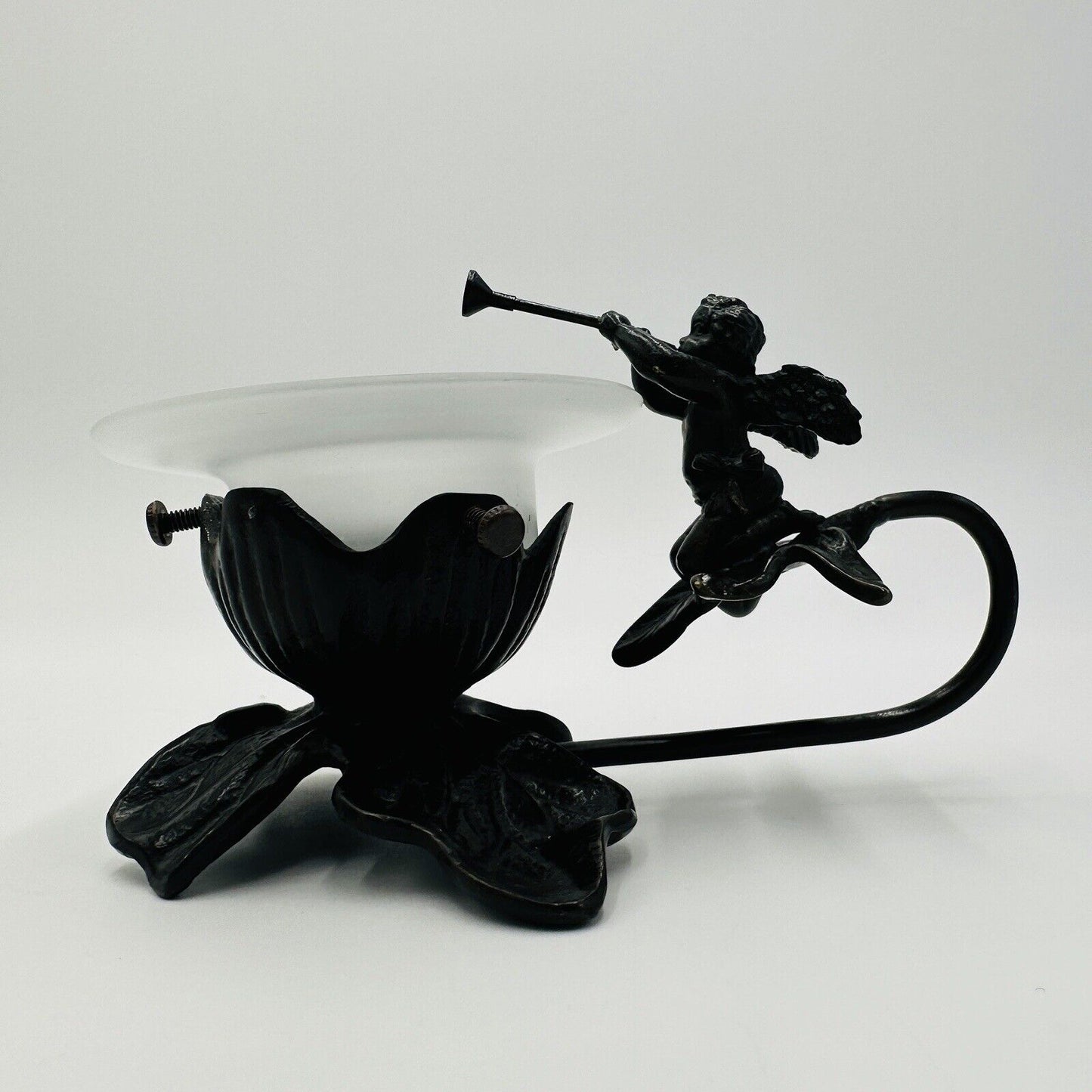 Cherub Candle Holder Lily Lamp Leafs Art Deco Solid Brass Bronze Tone