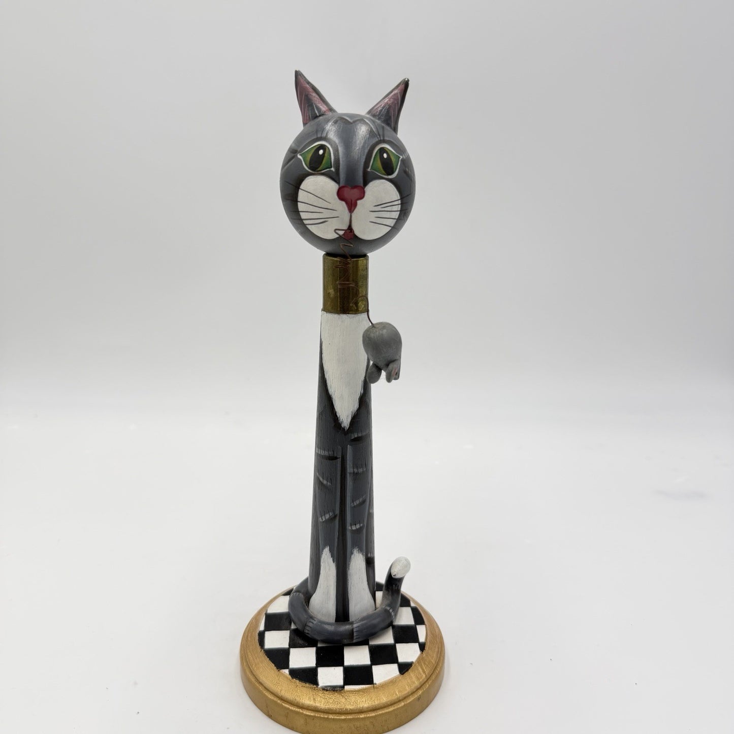 Vintage Folk Art American Spindle Art Cat With Mice Wood Carved 10.5in