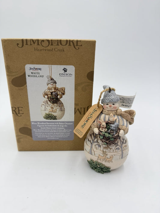 Jim Shore White Woodland 2021 Snowman W/basket Christmas Ornament