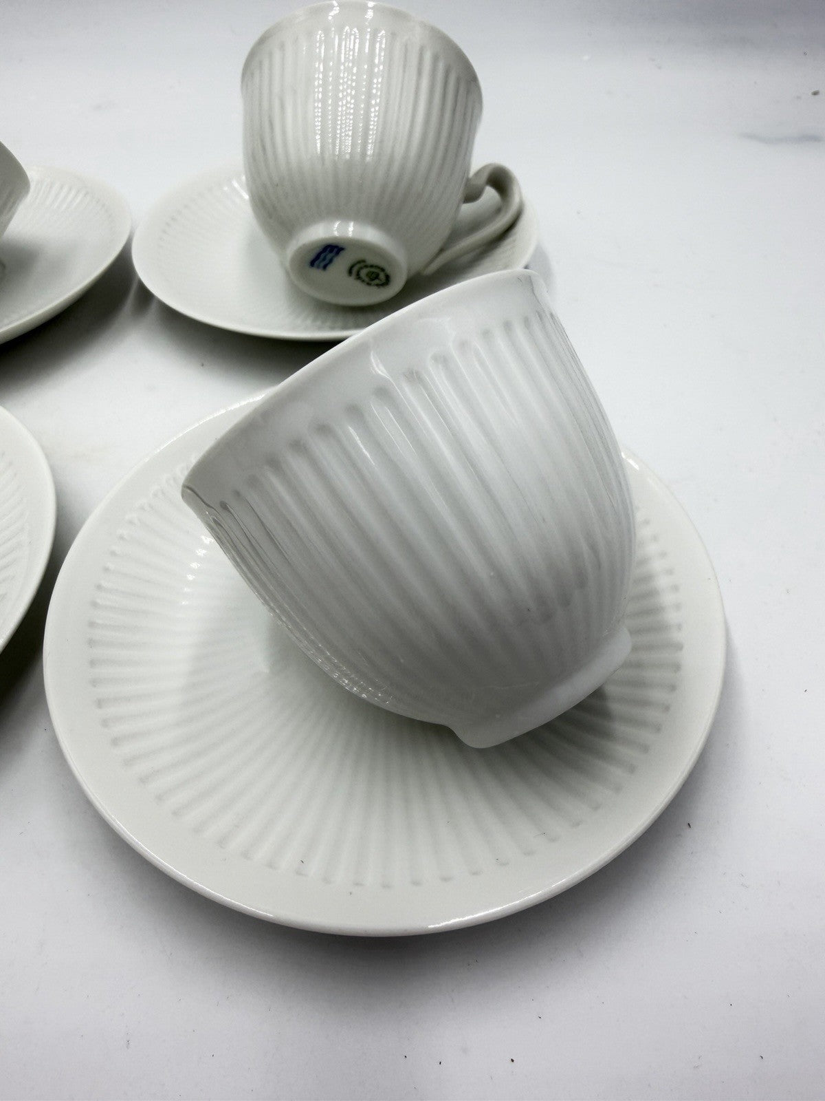 Royal Copenhagen Denmark White Georgiana Flat Demitasse Cups & Saucers 4 Sets