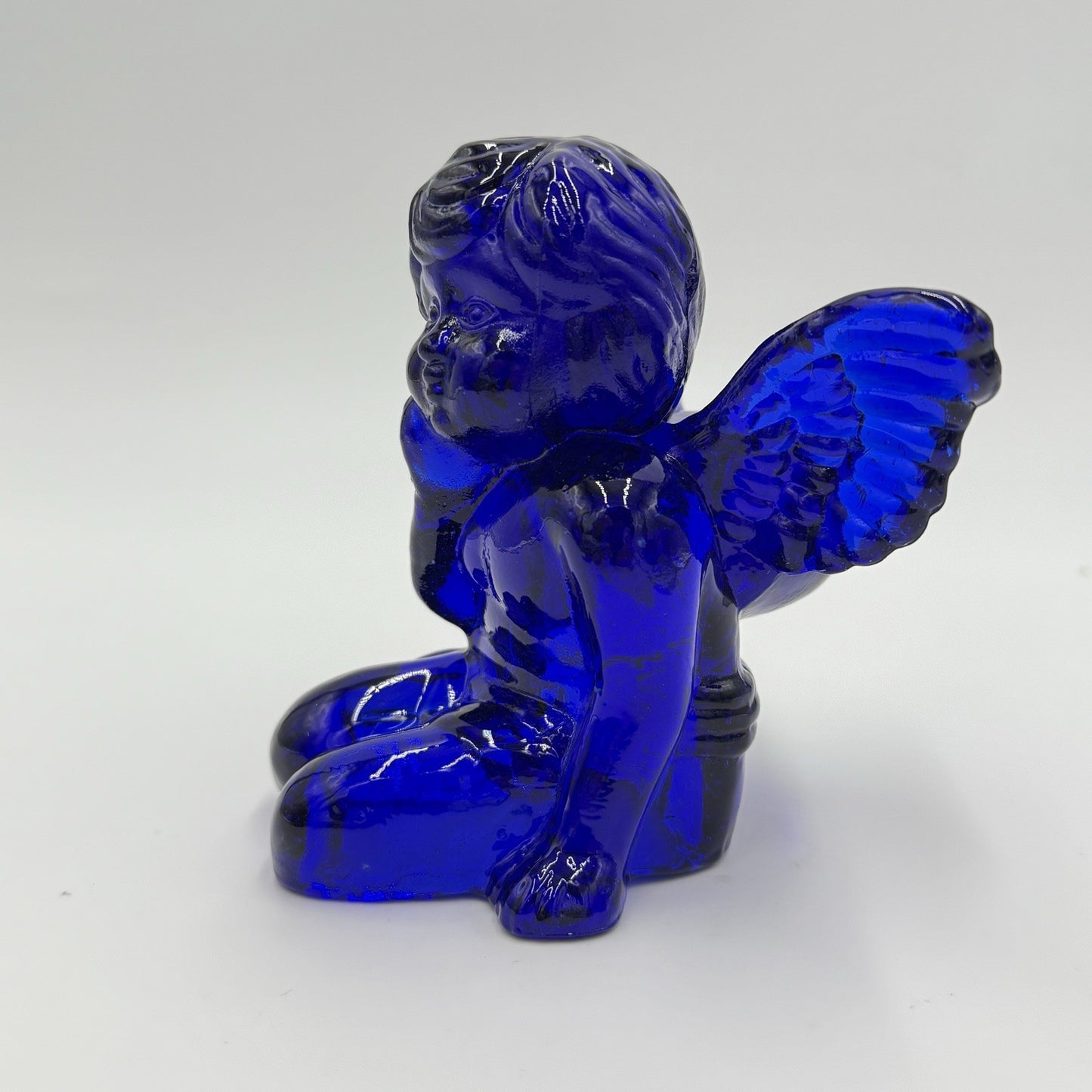 Vintage Art Glass Cherub Blue Cobalt Sitting Angel Candle Holder 5”