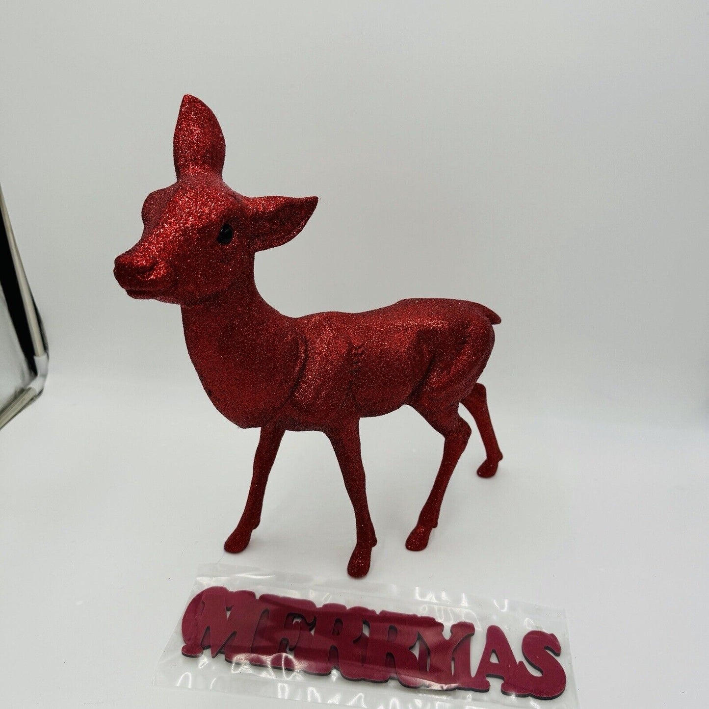 Inscha Deko Handwerk Red Glitter Reindeer Germany Christmas Figures 15in Vinta