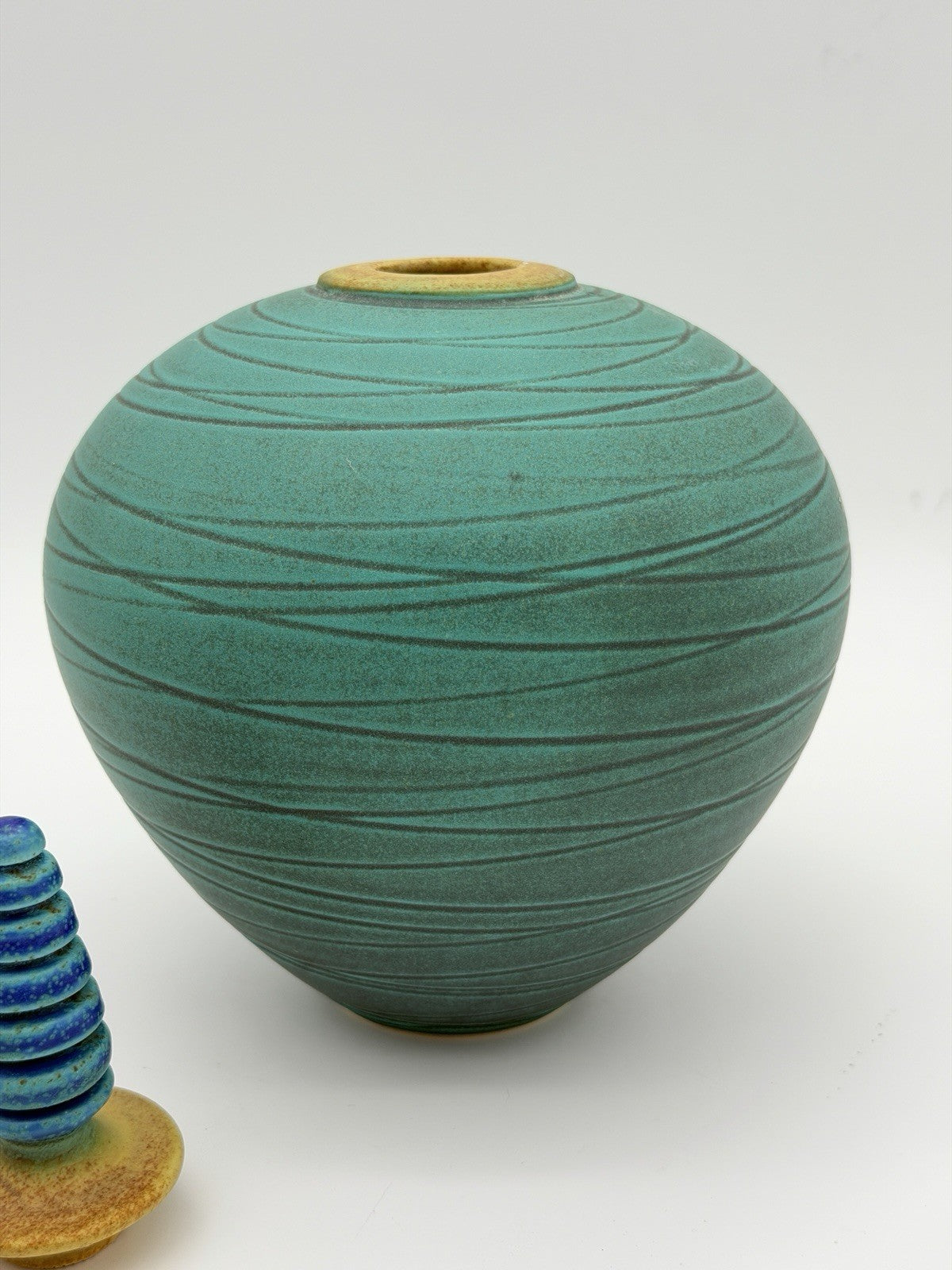vintage Marali Blalu studio art pottery turquoise W/stopper Urn Genie Vase