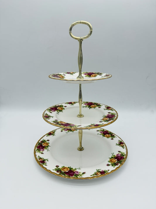 Royal Albert 3 Tier Old Country Roses England Dessert Stand Porcelain 13”vintage