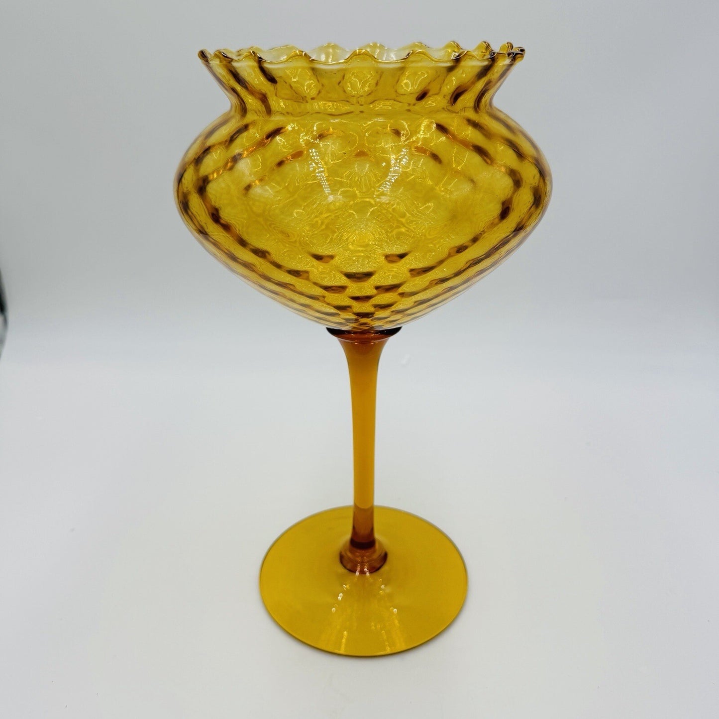 Italian Empoli amber glass diamond optic tall compote 12in