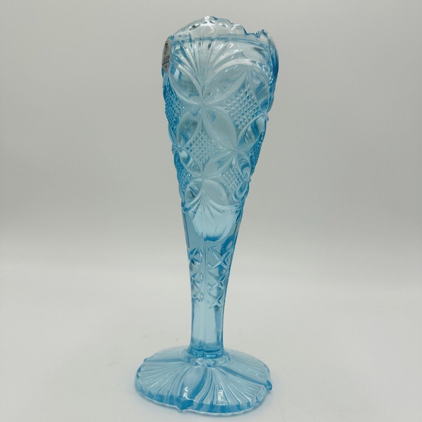 Fenton Art Glass Vase Aqua Blue With Etched Butterfly & Diamond Pattern Vintage