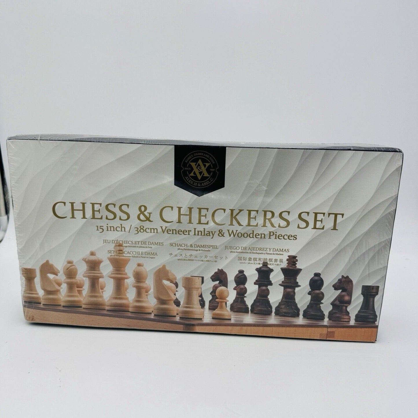 ALEX & ABEL CLASSY CHESS CHECKERS BOARD SET WOOD VENEER INLAY 15" Sealed New