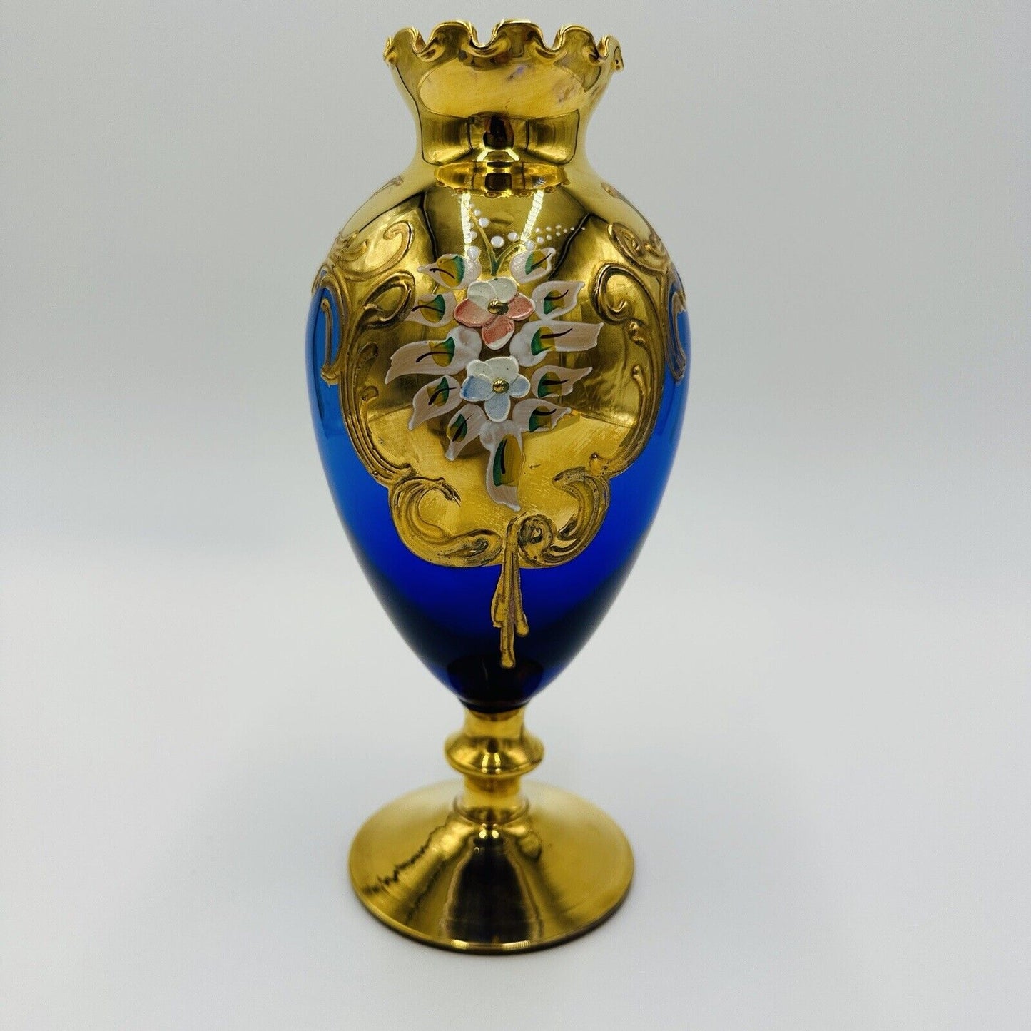 Venetian Italian Vase Cobalt Blue Ruffle Footed Gold Glass Floral Applique