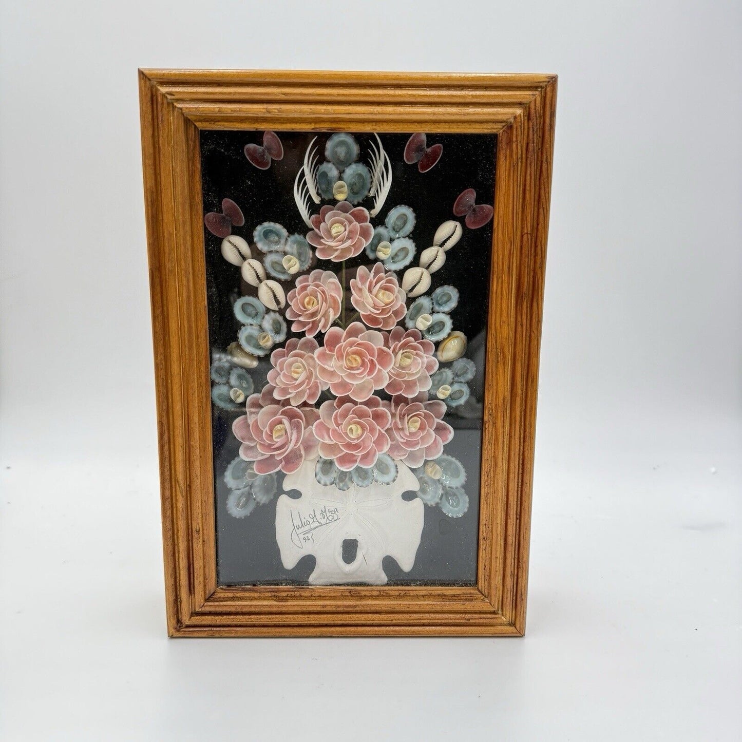 Julio G Meza Seashells Shell Roses Bouquet Art Frame Glass Display Wooden  1992