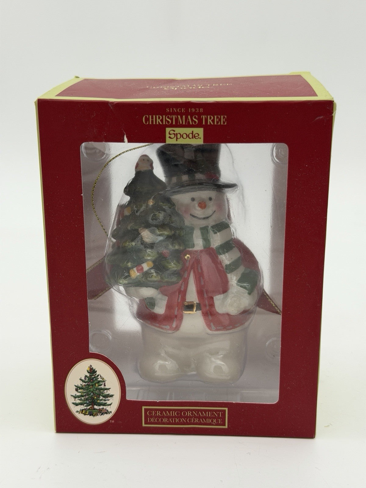 Spode Christmas ornament snowman holding a Christmas tree Figurine Porcelain