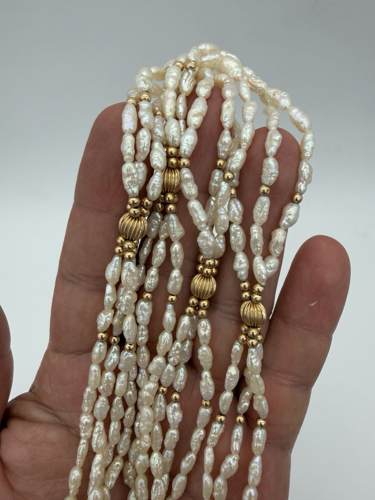 14K Yellow Gold Ribbed Beaded Freshwater Pearl Necklace Triple Strand 31”