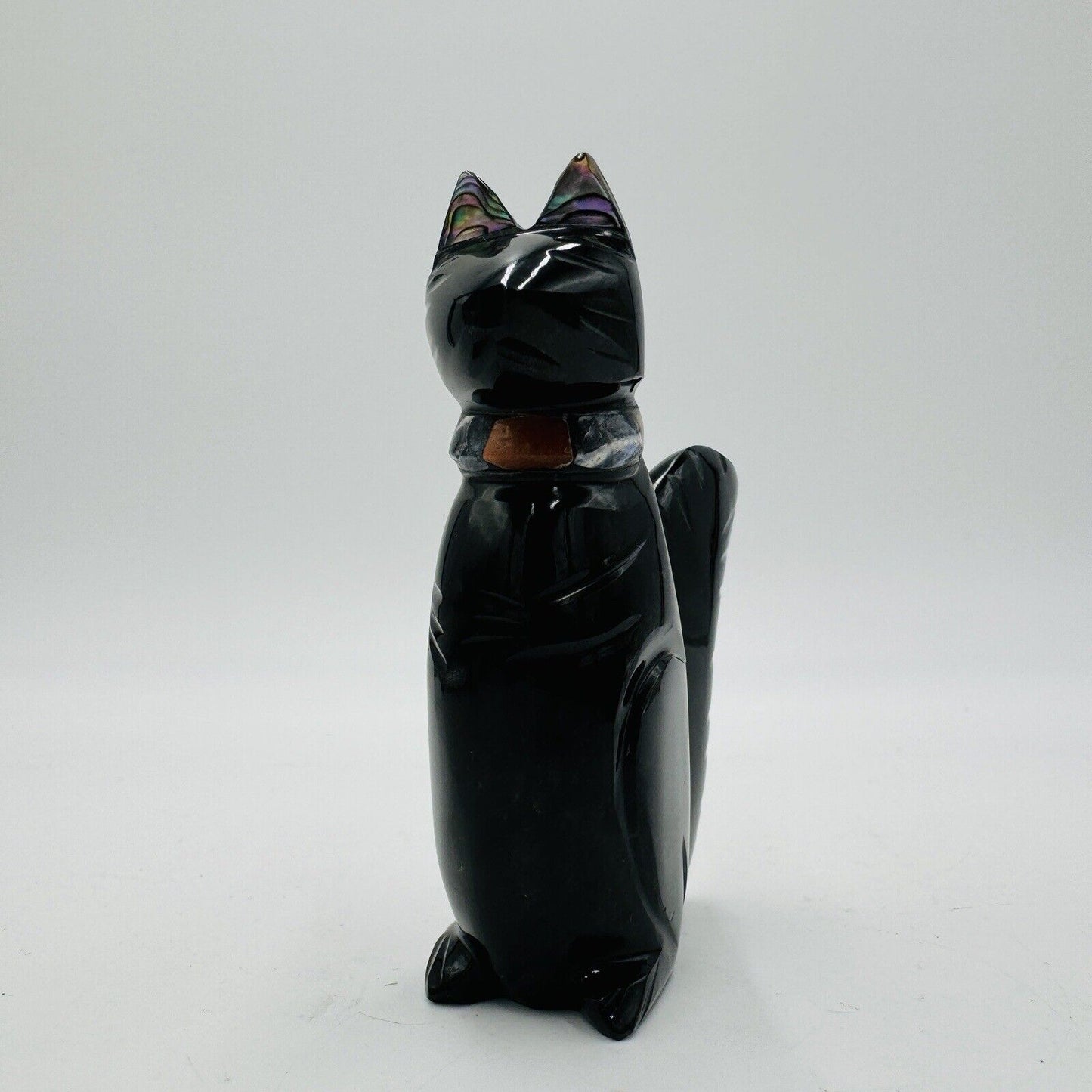 Carved Black Obsidian Cat Figurine Abalone Ears, Gemstone Collar 3.5in Signed