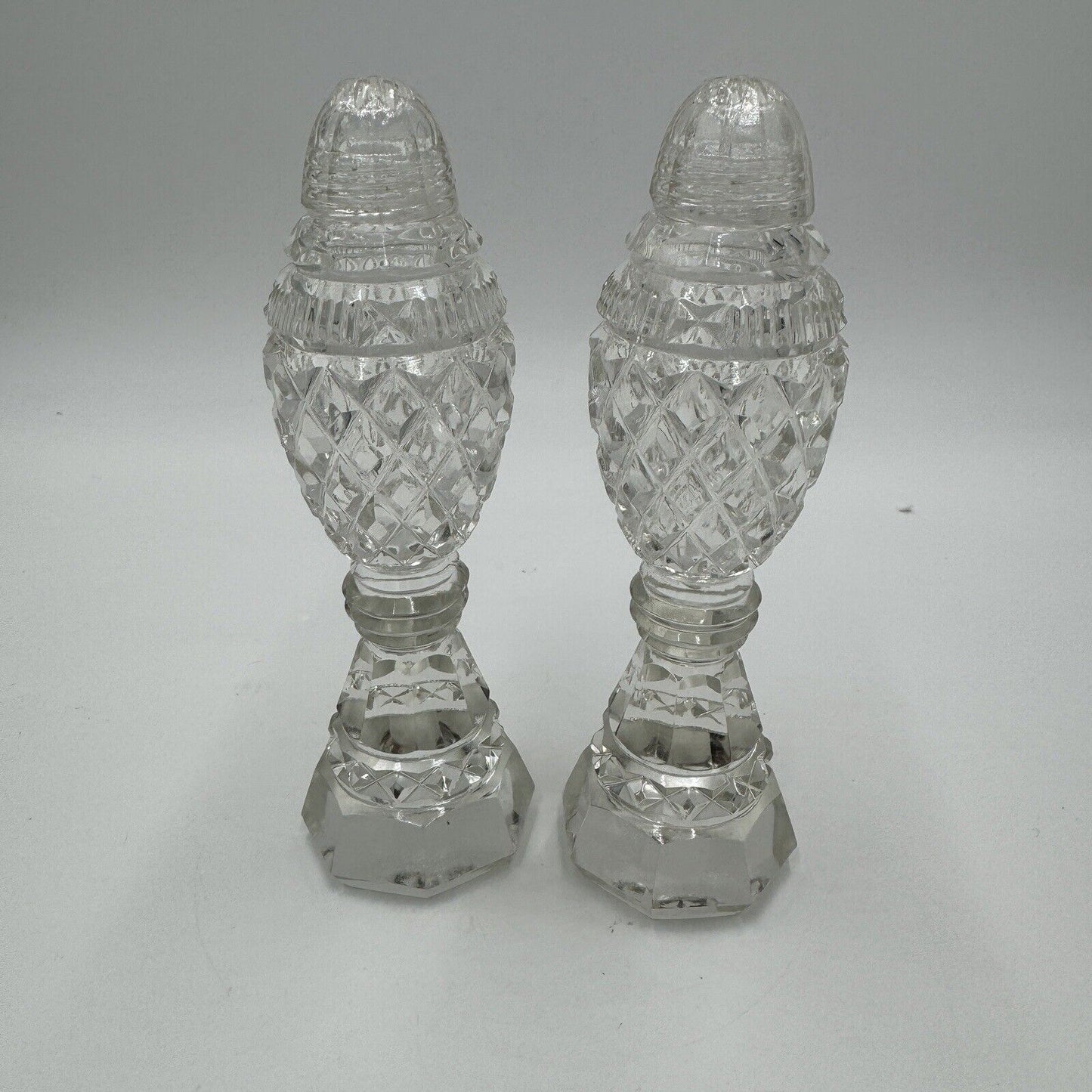 Antique Bohemian Czech Cut Glass Pedestal Salt & Pepper Shakers 6in H