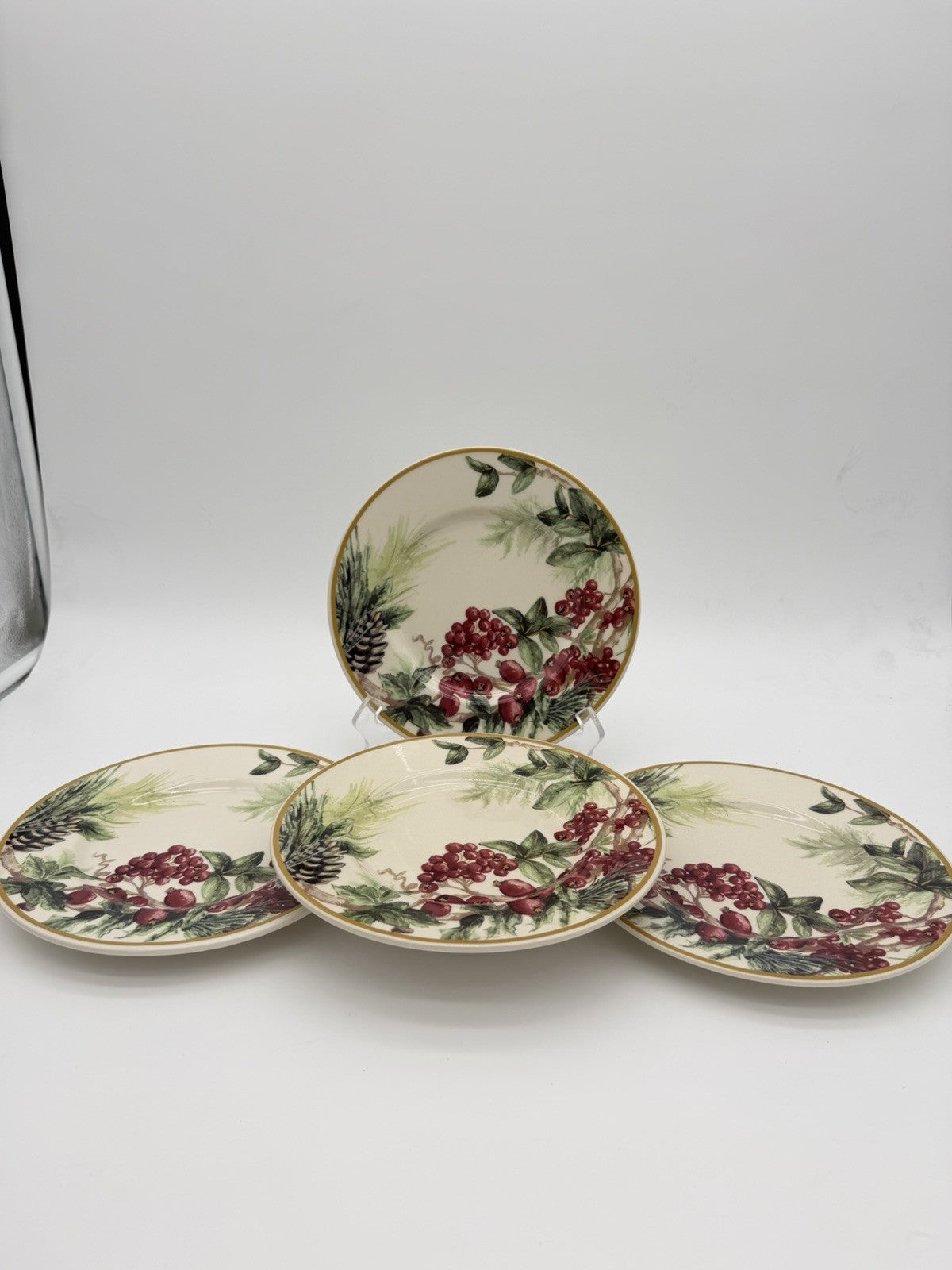 Botanical Wreath William Sonoma Red Berries & Pinecones Salad /dessert Plates 4
