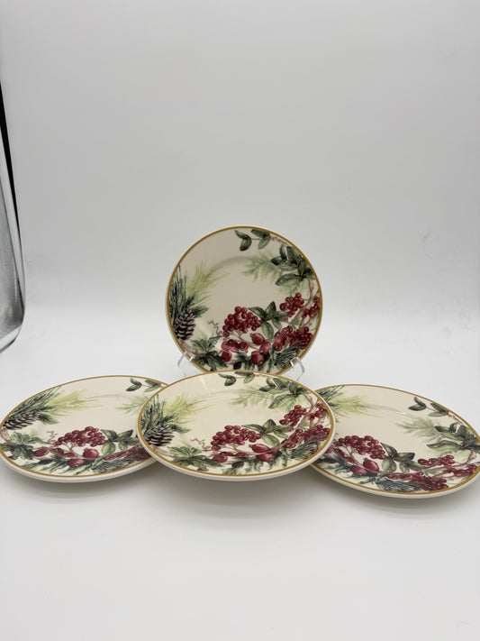 Botanical Wreath William Sonoma Red Berries & Pinecones Salad /dessert Plates 4